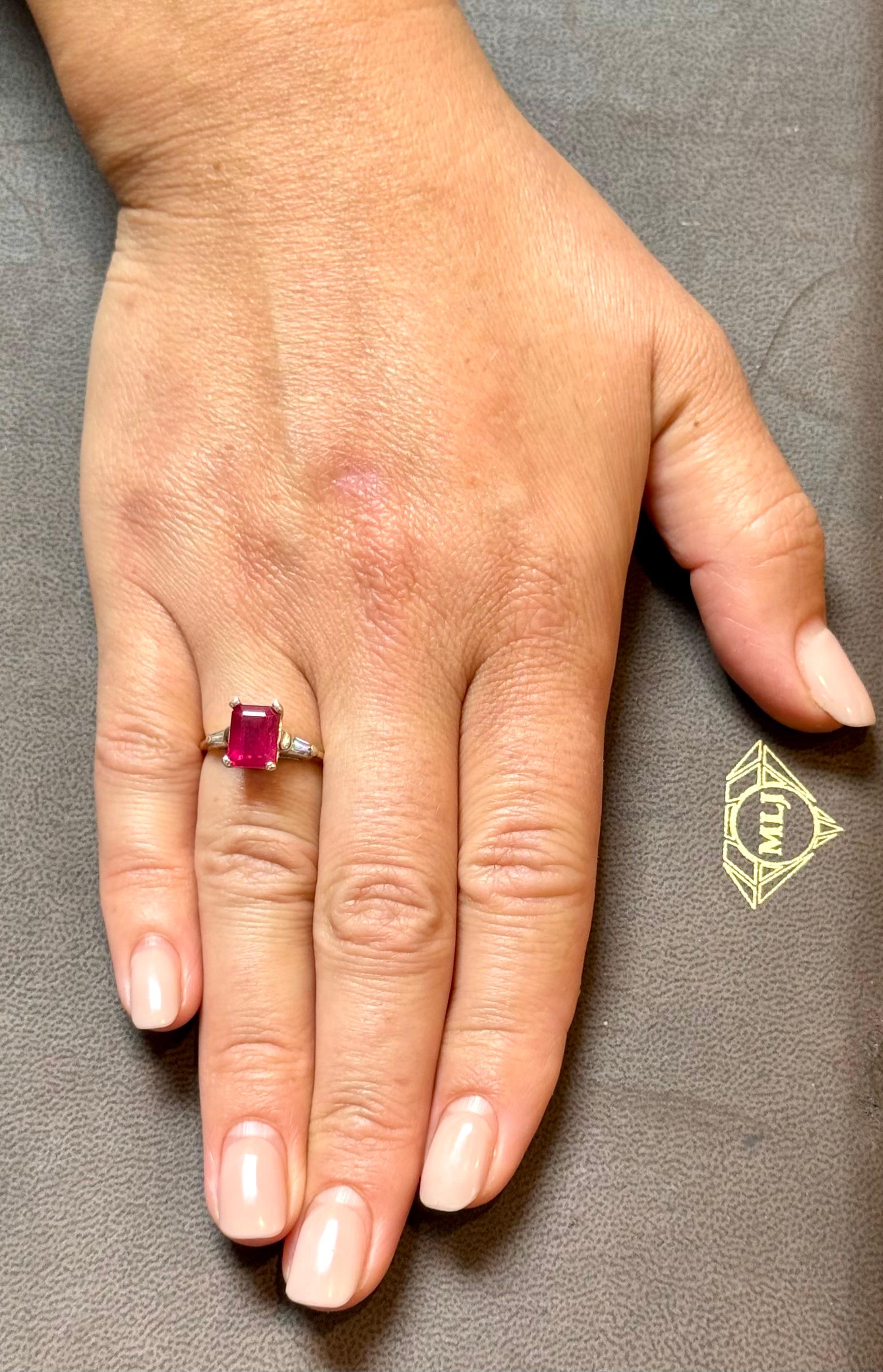 2.5 Ct Emerald Cut Treated Ruby & 0.15 ct Diamond Ring 14 Kt White Gold Size 5 For Sale 8