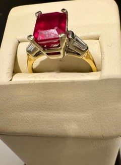 2.5 Ct Emerald Cut Treated Ruby & 0.15 ct Diamond Ring 14 Kt White Gold Size 5