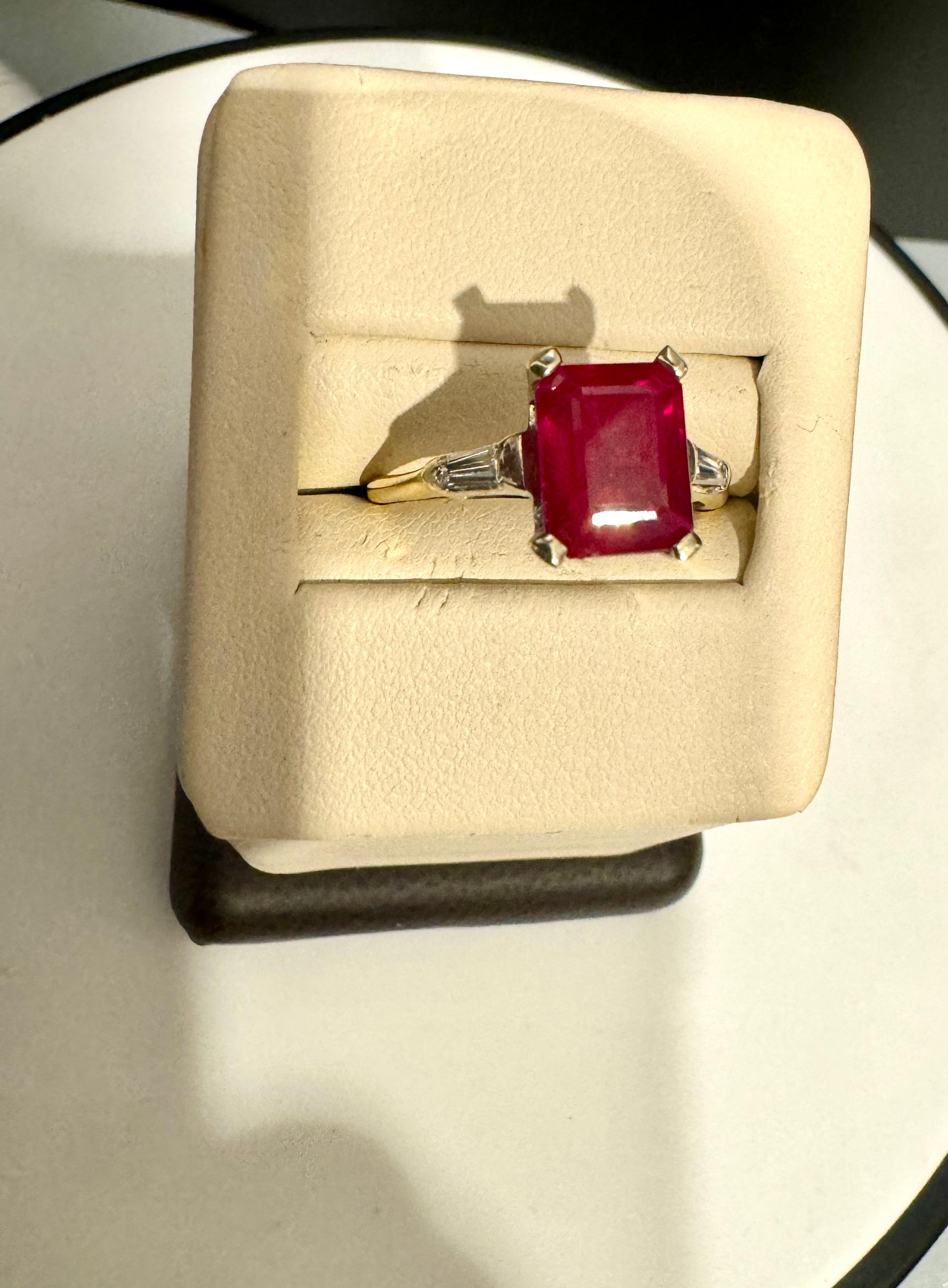Men's 2.5 Ct Emerald Cut Treated Ruby & 0.15 ct Diamond Ring 14 Kt White Gold Size 5 For Sale