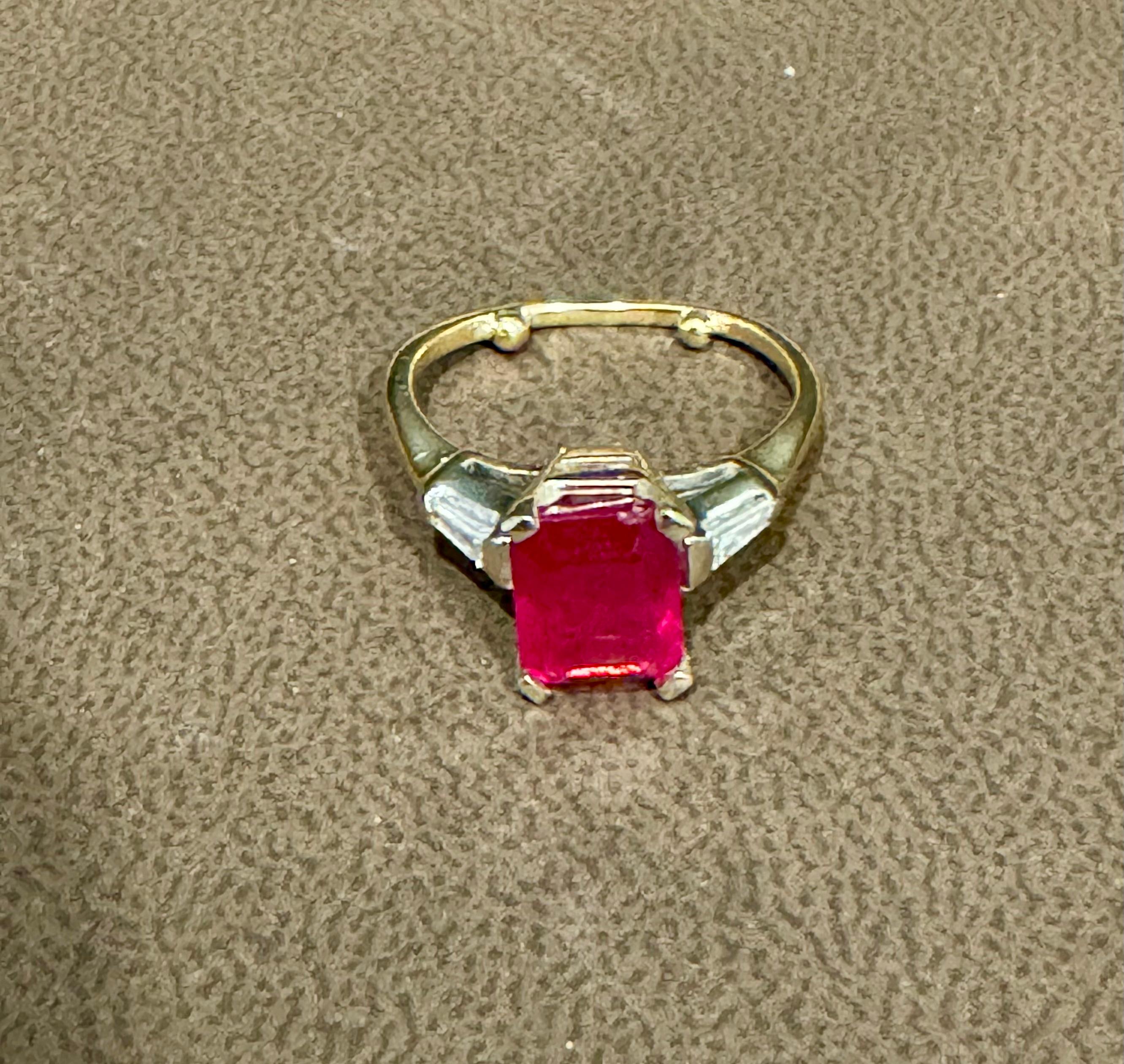 2.5 Ct Emerald Cut Treated Ruby & 0.15 ct Diamond Ring 14 Kt White Gold Size 5 For Sale 2