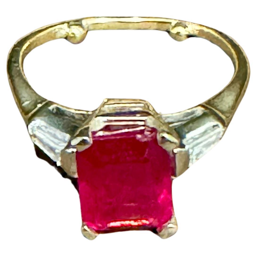 2.5 Ct Emerald Cut Treated Ruby & 0.15 ct Diamond Ring 14 Kt White Gold Size 5 For Sale