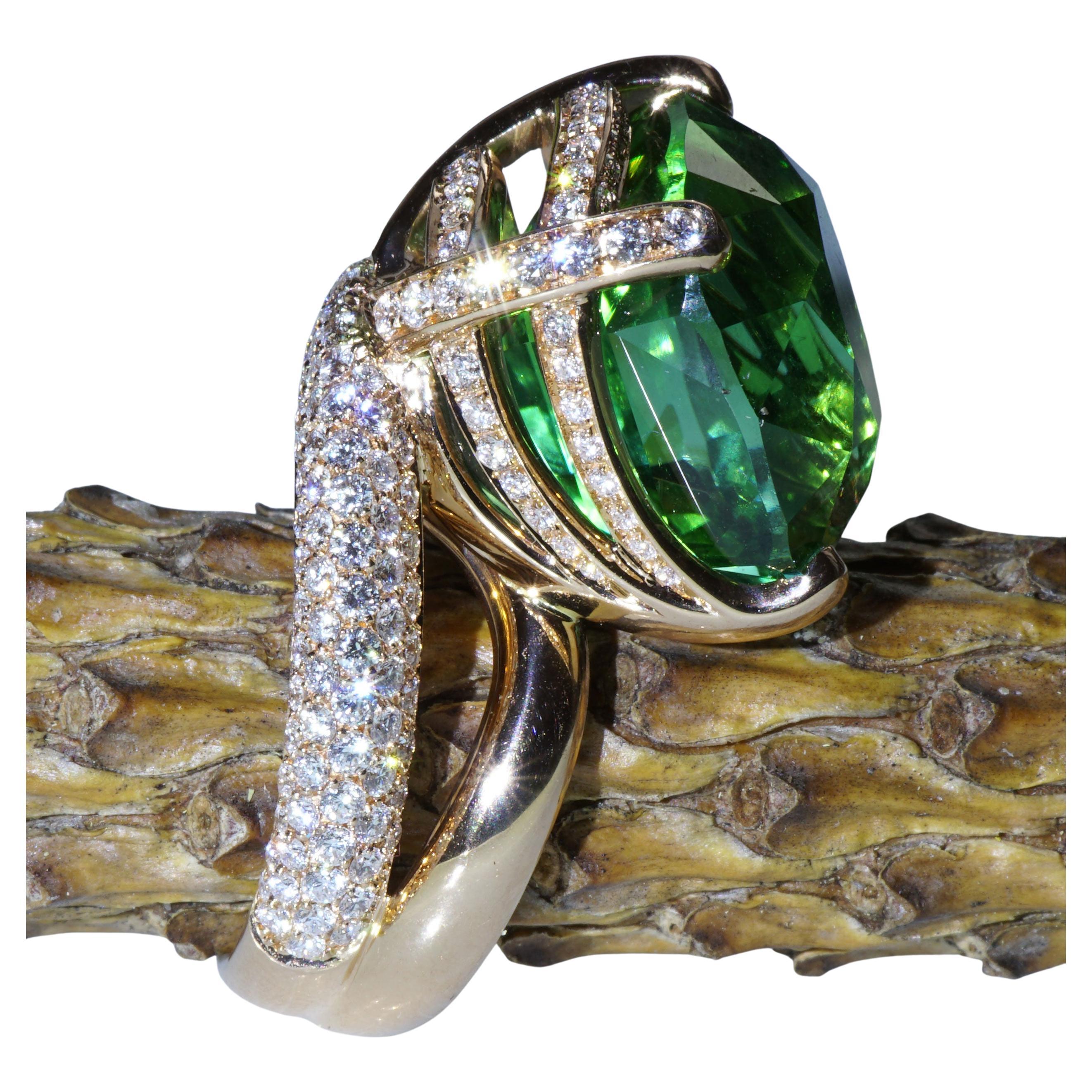 this ring design is called only for me, this amazing Tourmaline should look into your eyes, this is the reason why our famous italian goldsmith makes a tilted ringdesign, 18 kt rose gold, fullcut diamonds approx. 2.20 ct, TW / VS, a special