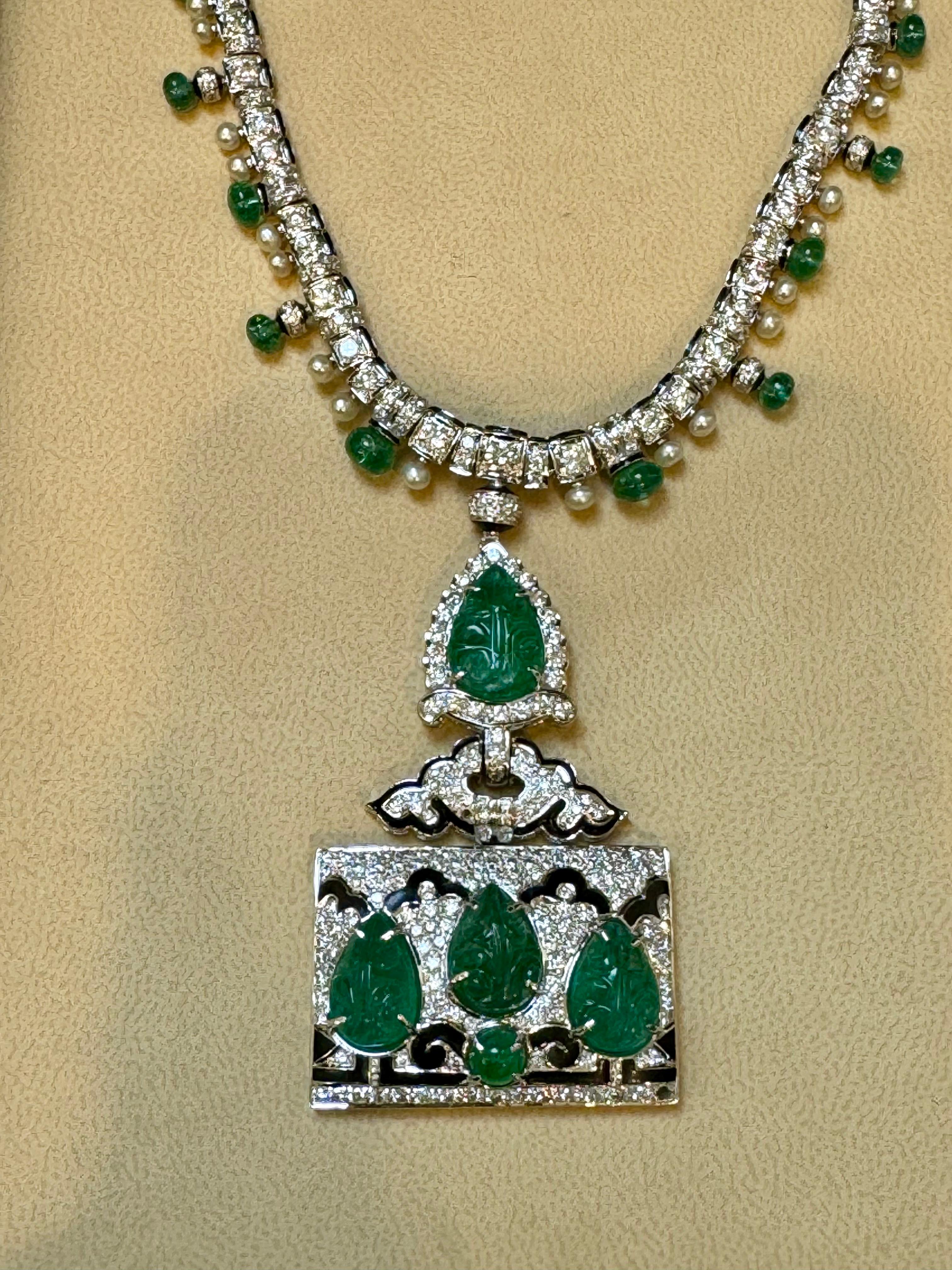 Women's 25 Ct Natural Carved Emerald & 10 Ct Diamond Art Deco  18 KW Gold Necklace For Sale