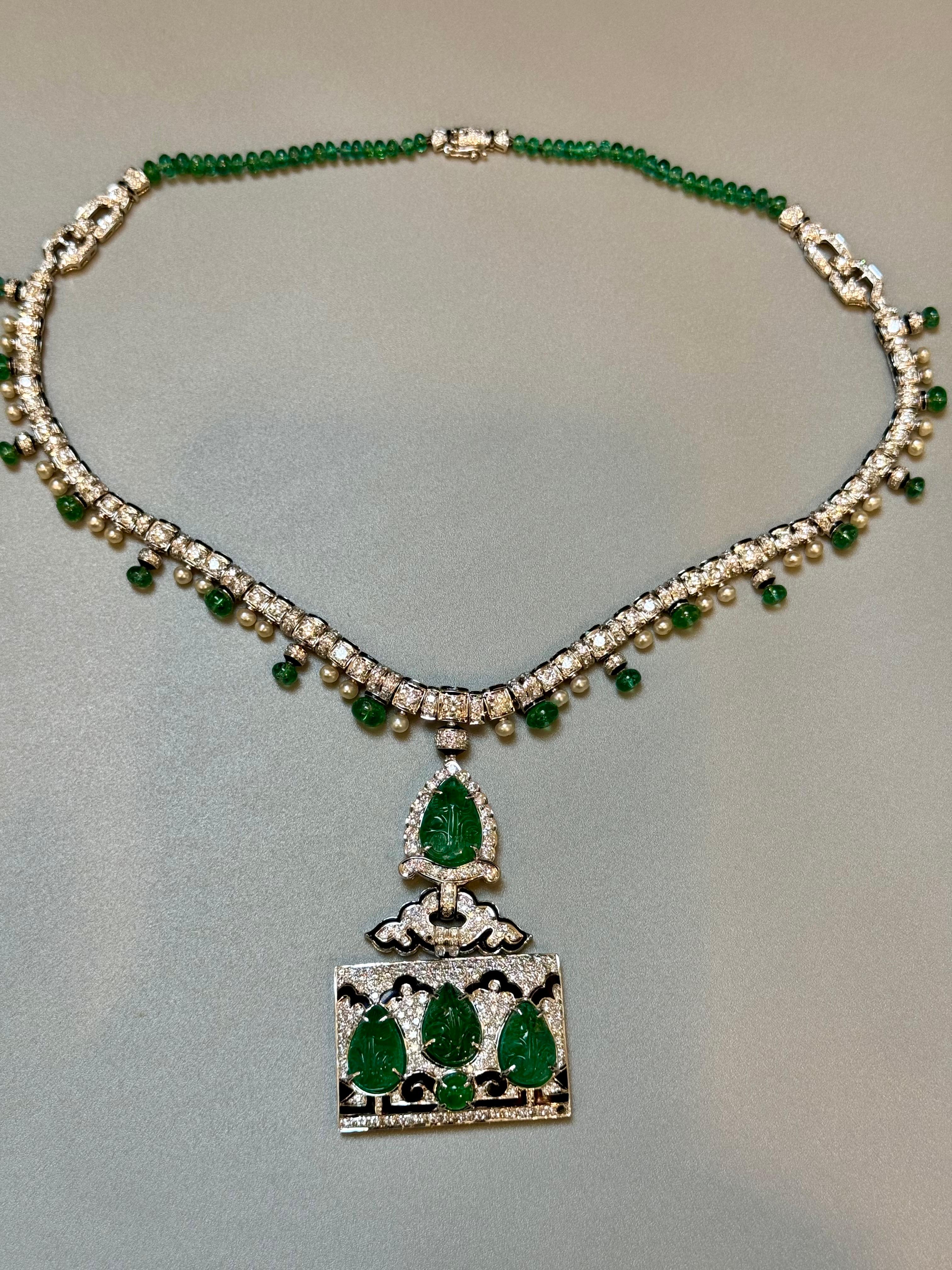 25 Ct Natural Carved Emerald & 10 Ct Diamond Art Deco  18 KW Gold Necklace For Sale 3