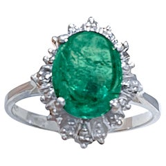2.5 Ct Natural Cushion Cabochon Emerald & Diamond Ring 14 Kt Yellow Gold
