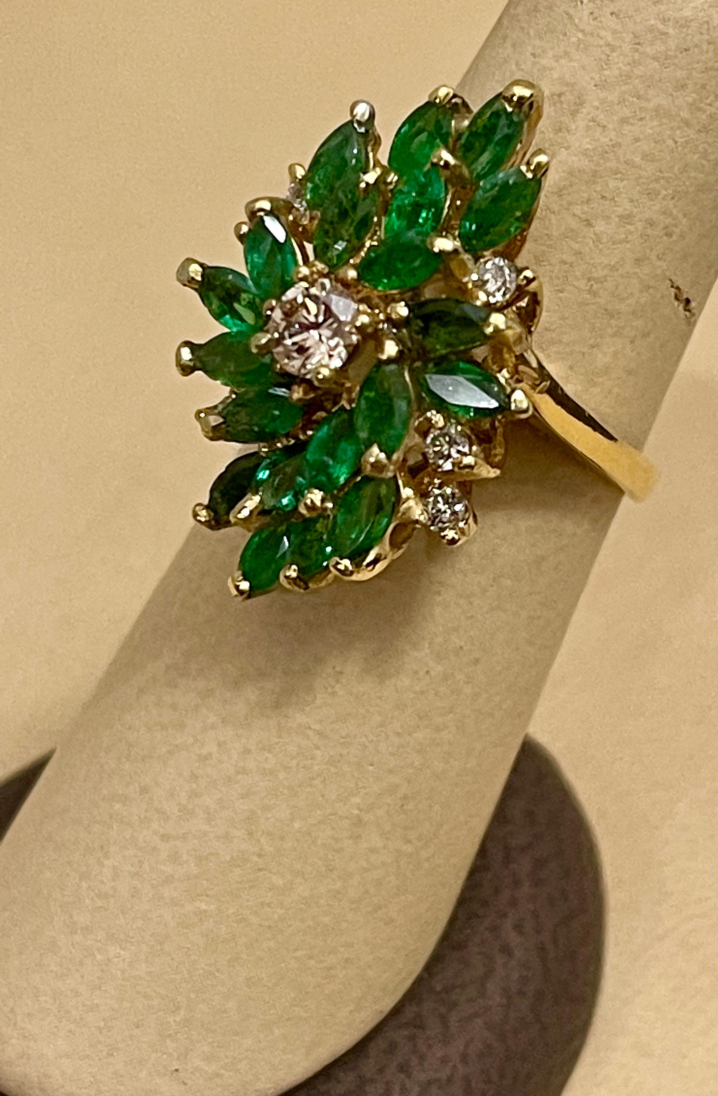2.5 Ct Natural Emerald, Marquise Stone and Diamond Ring 14 Karat Yellow Gold 8