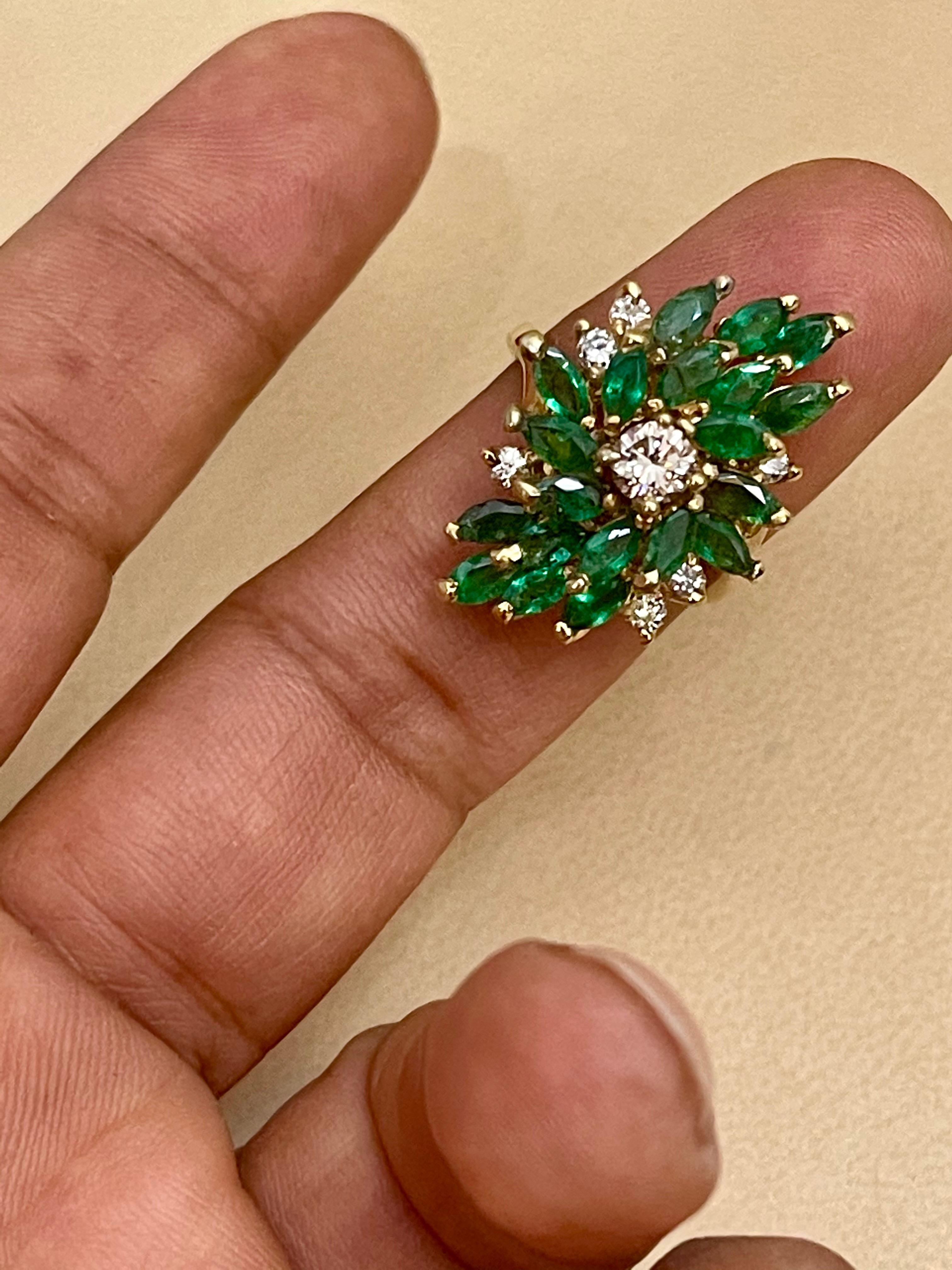 2.5 Ct Natural Emerald, Marquise Stone and Diamond Ring 14 Karat Yellow Gold 10