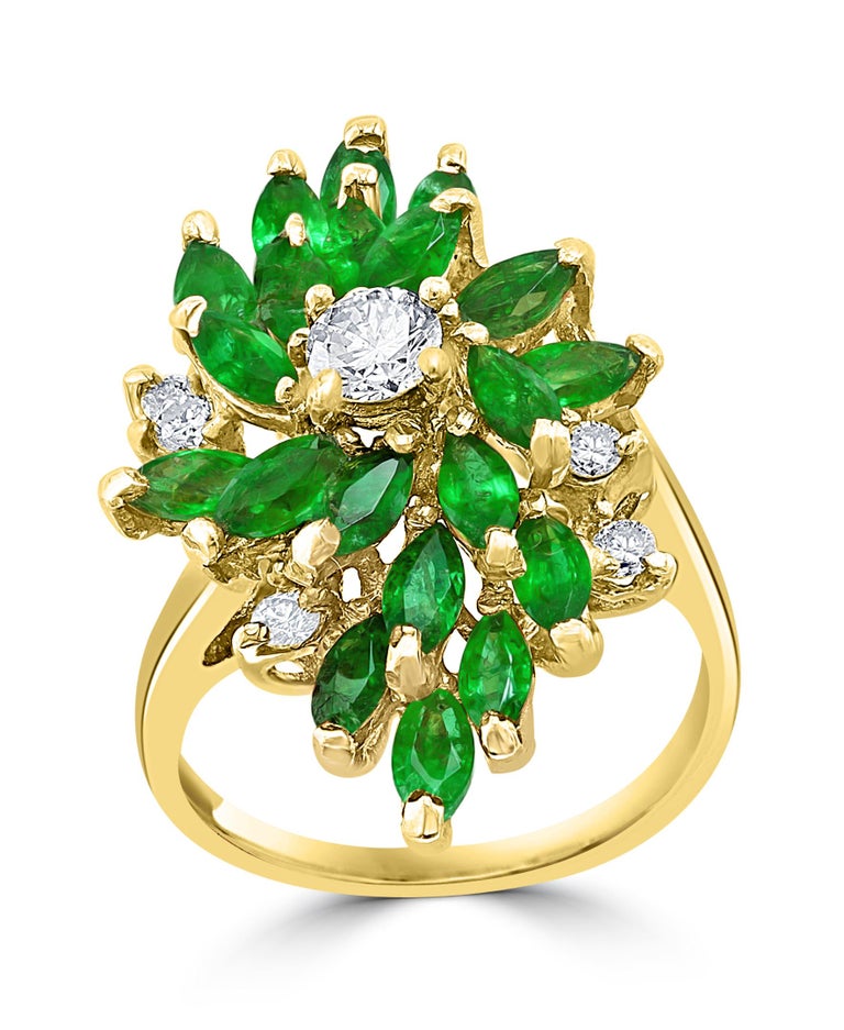 2.5 Ct Natural Emerald, Marquise Stone and Diamond Ring 14 Karat Yellow  Gold at 1stDibs