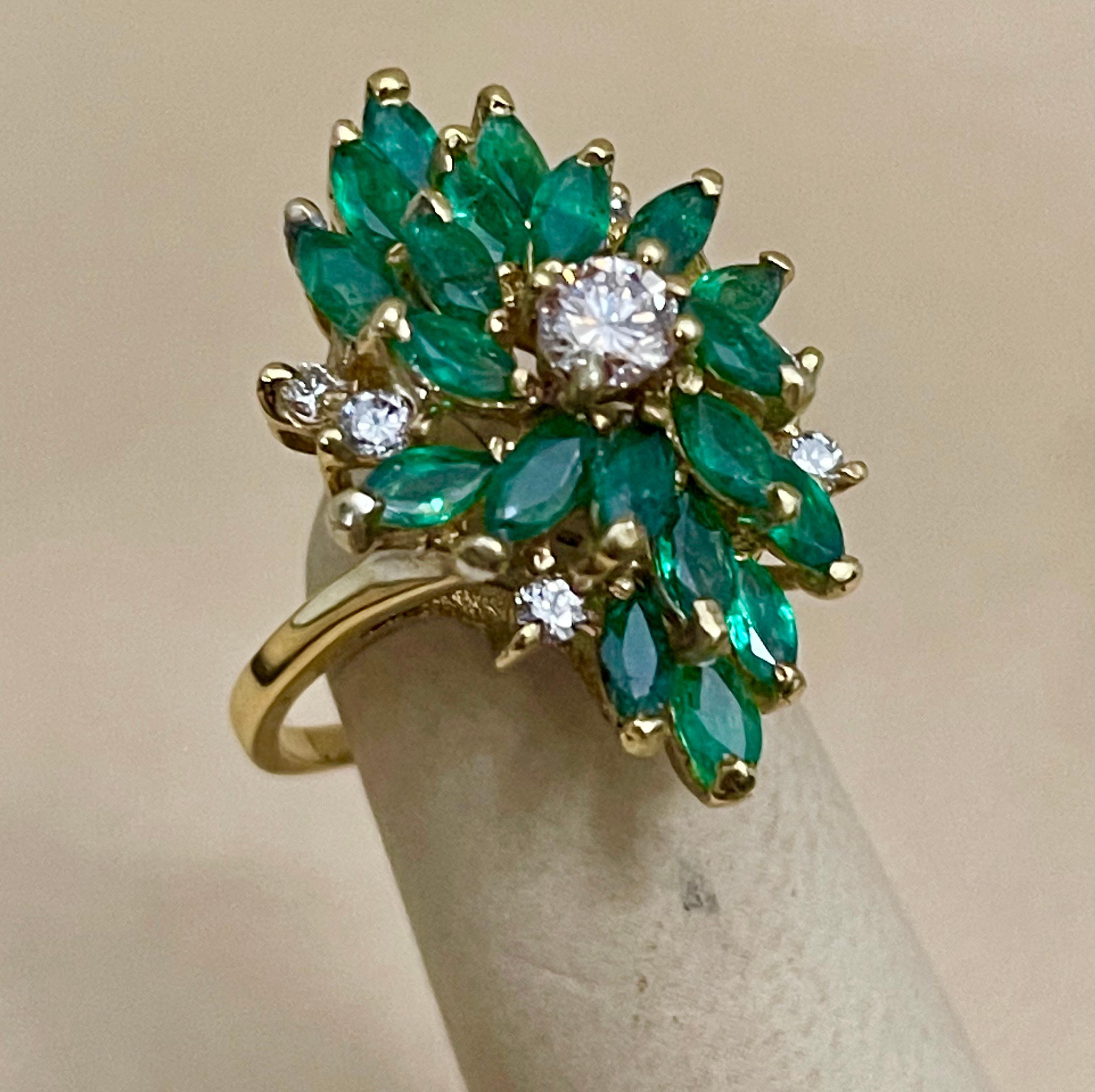 
approximately 2.5 Ct Natural Brazilian Emerald And Diamond  Ring 14 Karat Yellow  Gold Size 7
Marquise Shape  Emerald Ring 
 There are multiple Natural  fine quality marquise shape emerald stones with center solitaire  diamonds which is