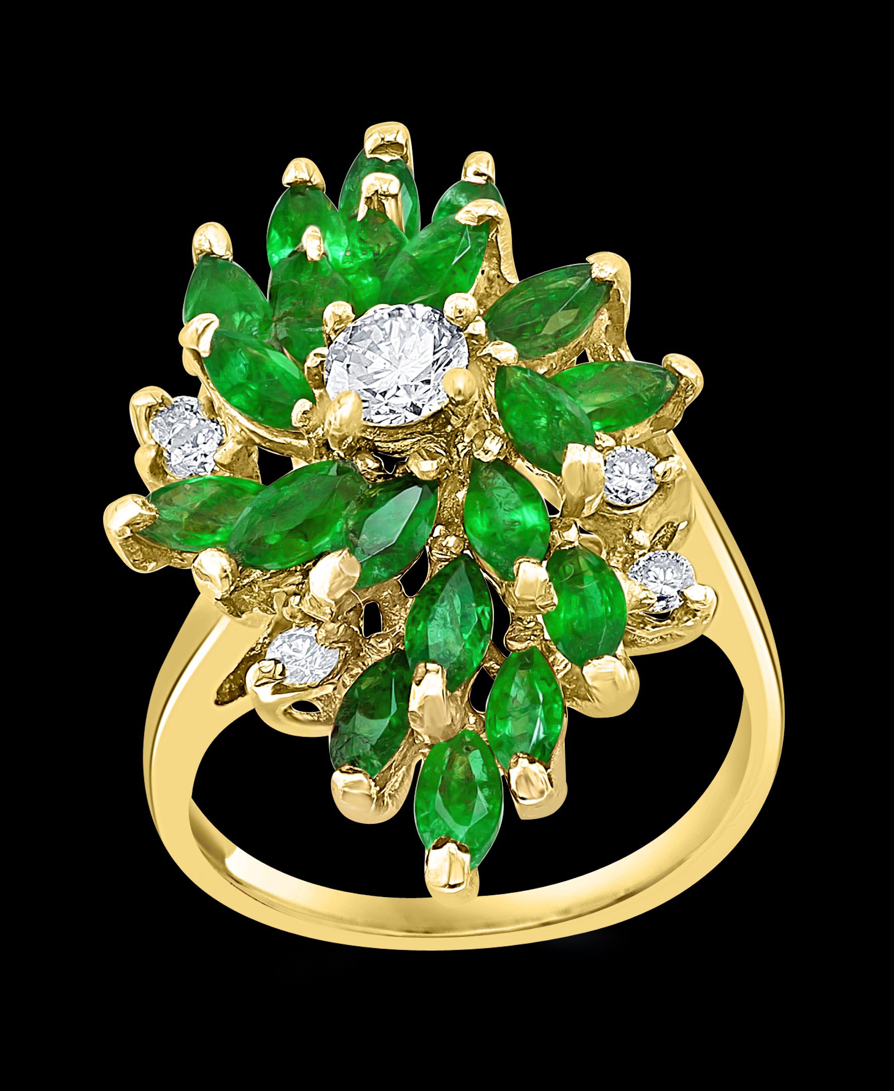 Women's 2.5 Ct Natural Emerald, Marquise Stone and Diamond Ring 14 Karat Yellow Gold