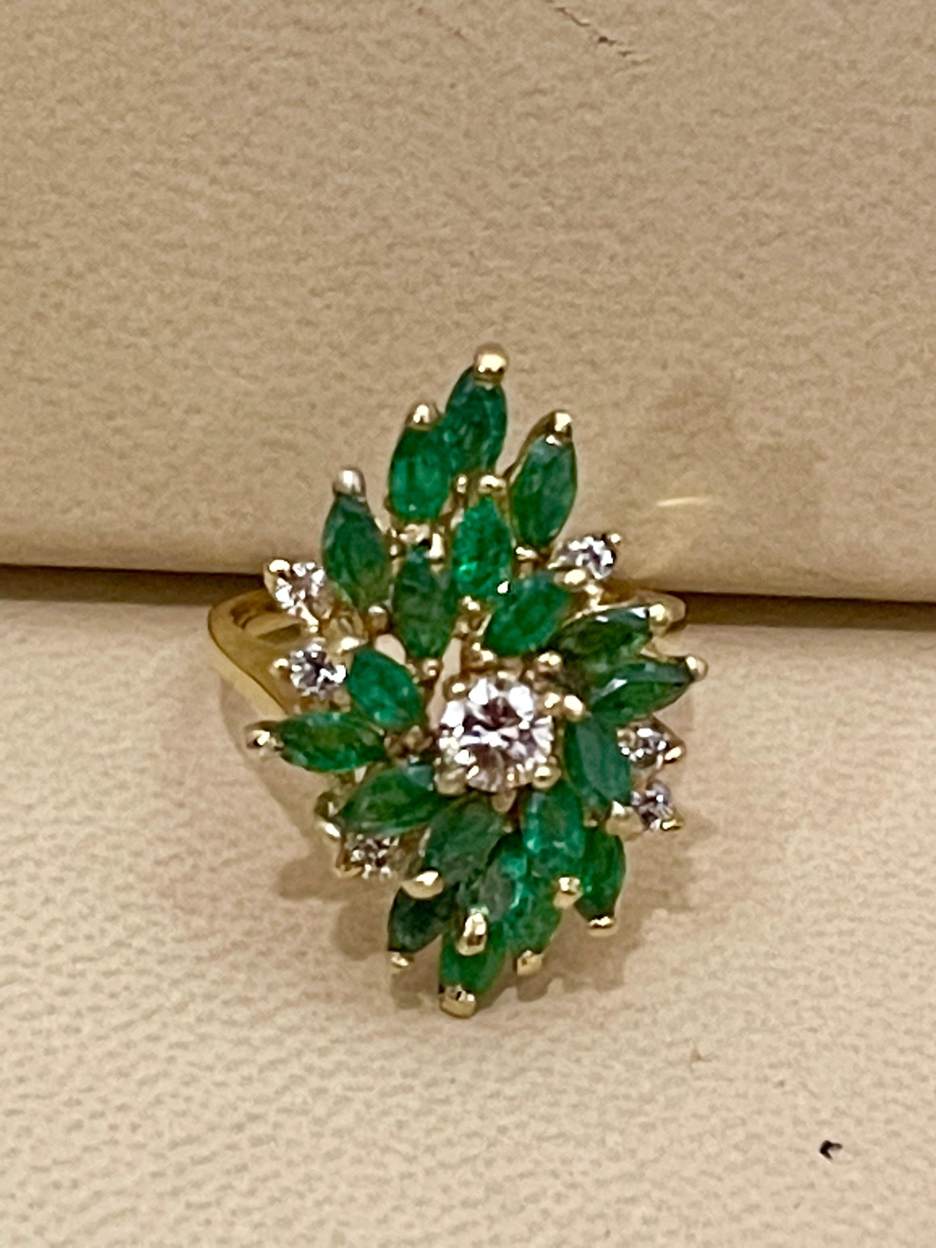 2.5 Ct Natural Emerald, Marquise Stone and Diamond Ring 14 Karat Yellow Gold 1
