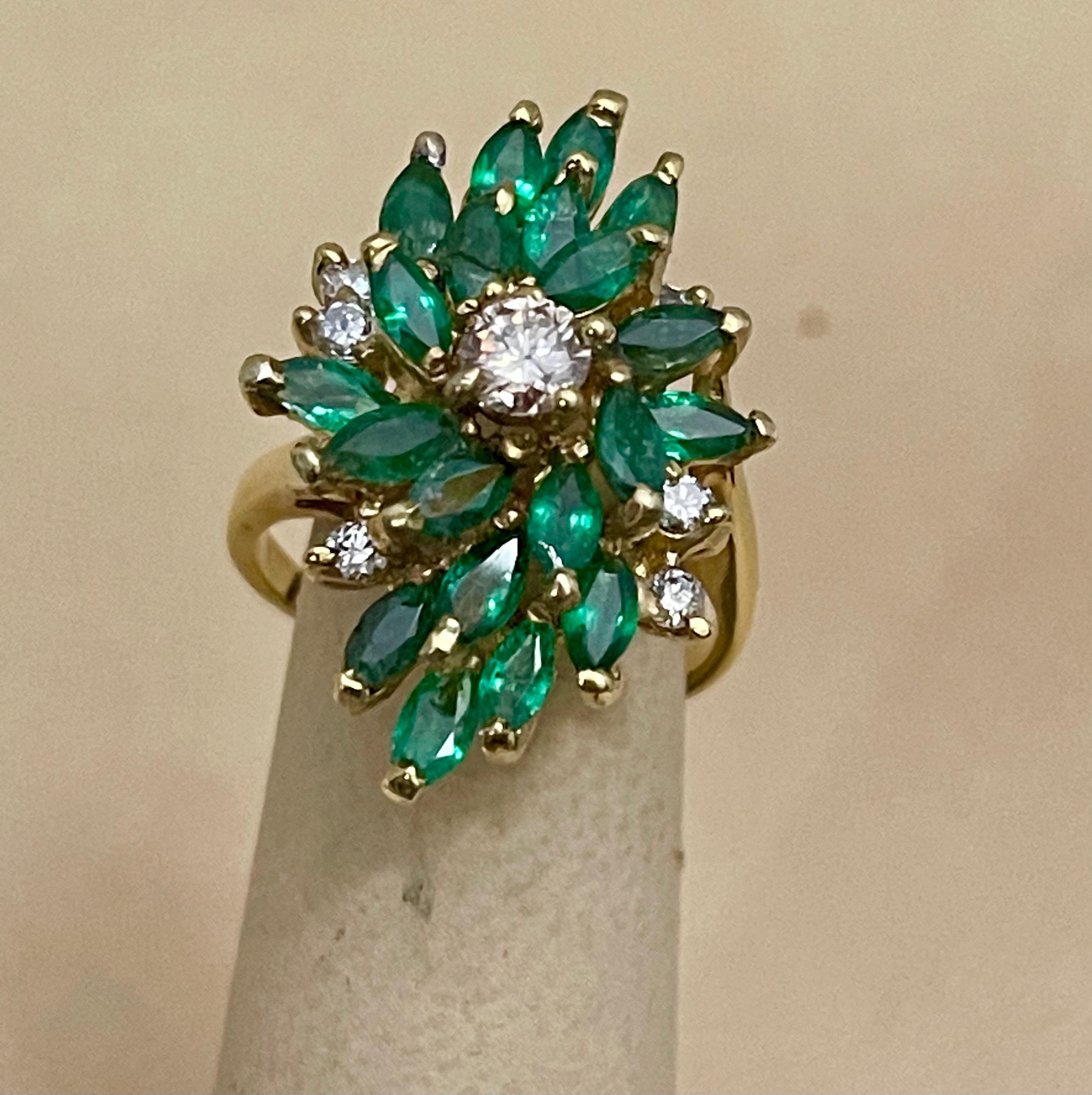 2.5 Ct Natural Emerald, Marquise Stone and Diamond Ring 14 Karat Yellow Gold 6