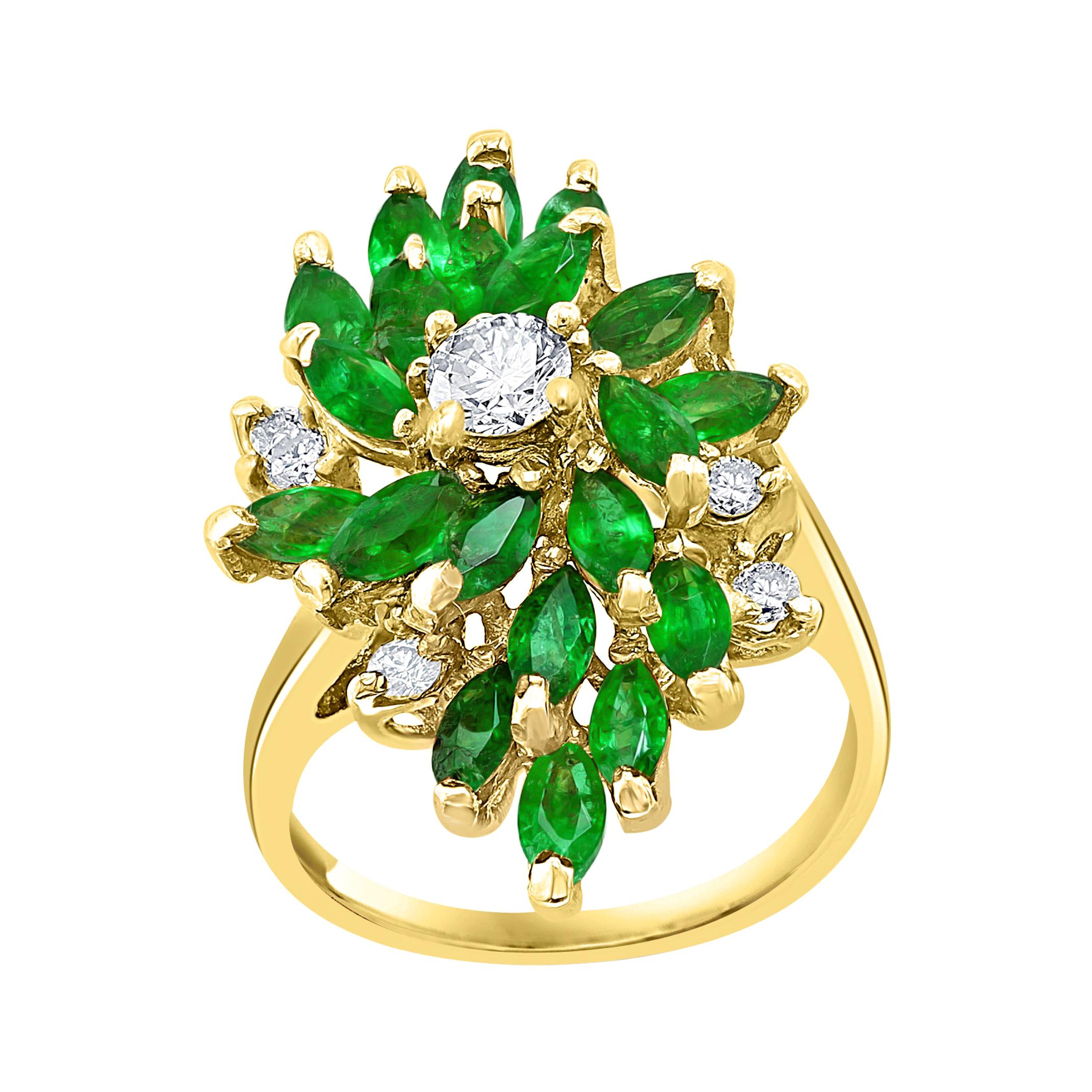 2.5 Ct Natural Emerald, Marquise Stone and Diamond Ring 14 Karat Yellow Gold