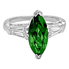 2.5 Ct Natural Marquise Cut Green Tourmaline & 2 Baguettes Diamond Ring Platinum