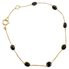 2.5 Ct Oval Cut Blue Sapphire Station Chain Stackable Bracelet 18K Yellow Gold