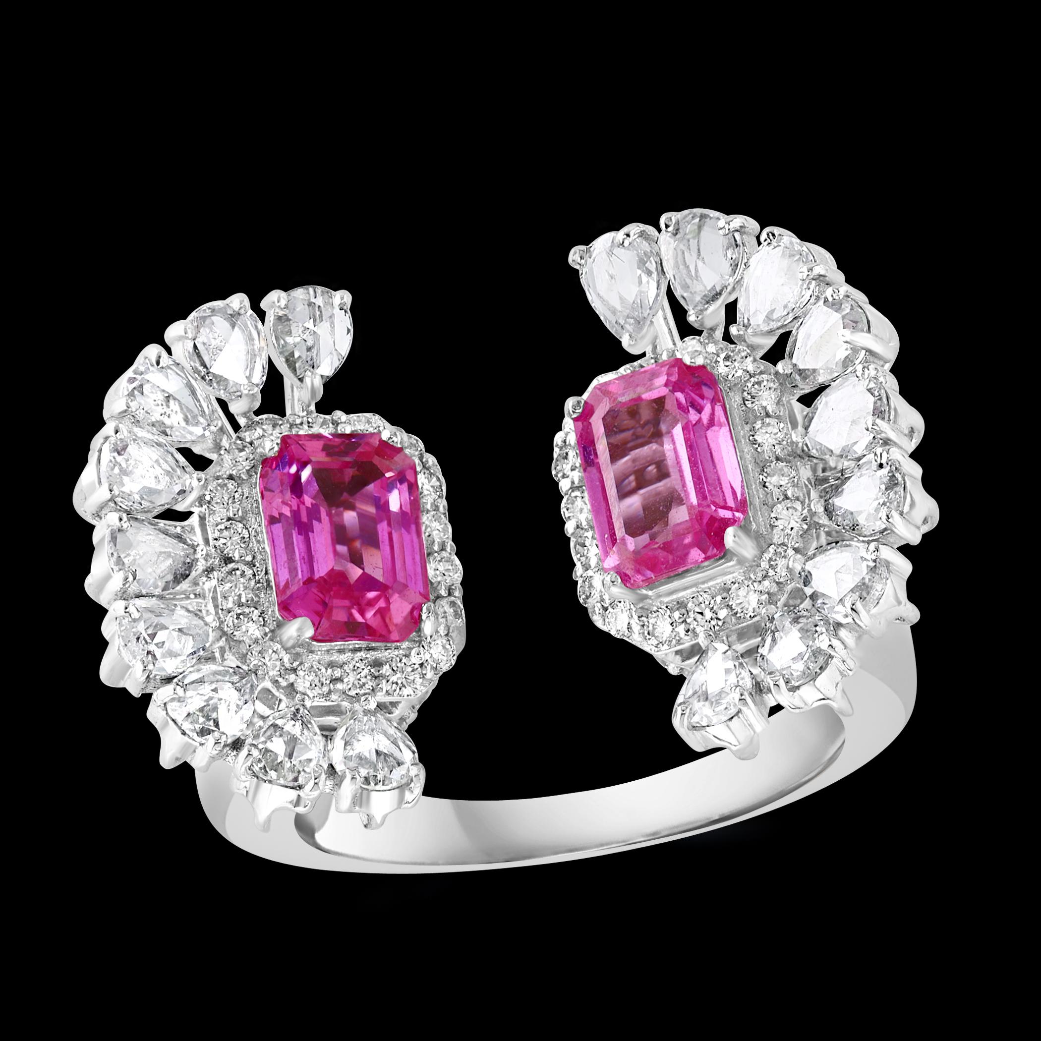 Cushion Cut 2.5 Ct Pink Emerald Cut Pink  Sapphire & 2.8 Ct Diamond 18 Kt White Gold Ring S6 For Sale