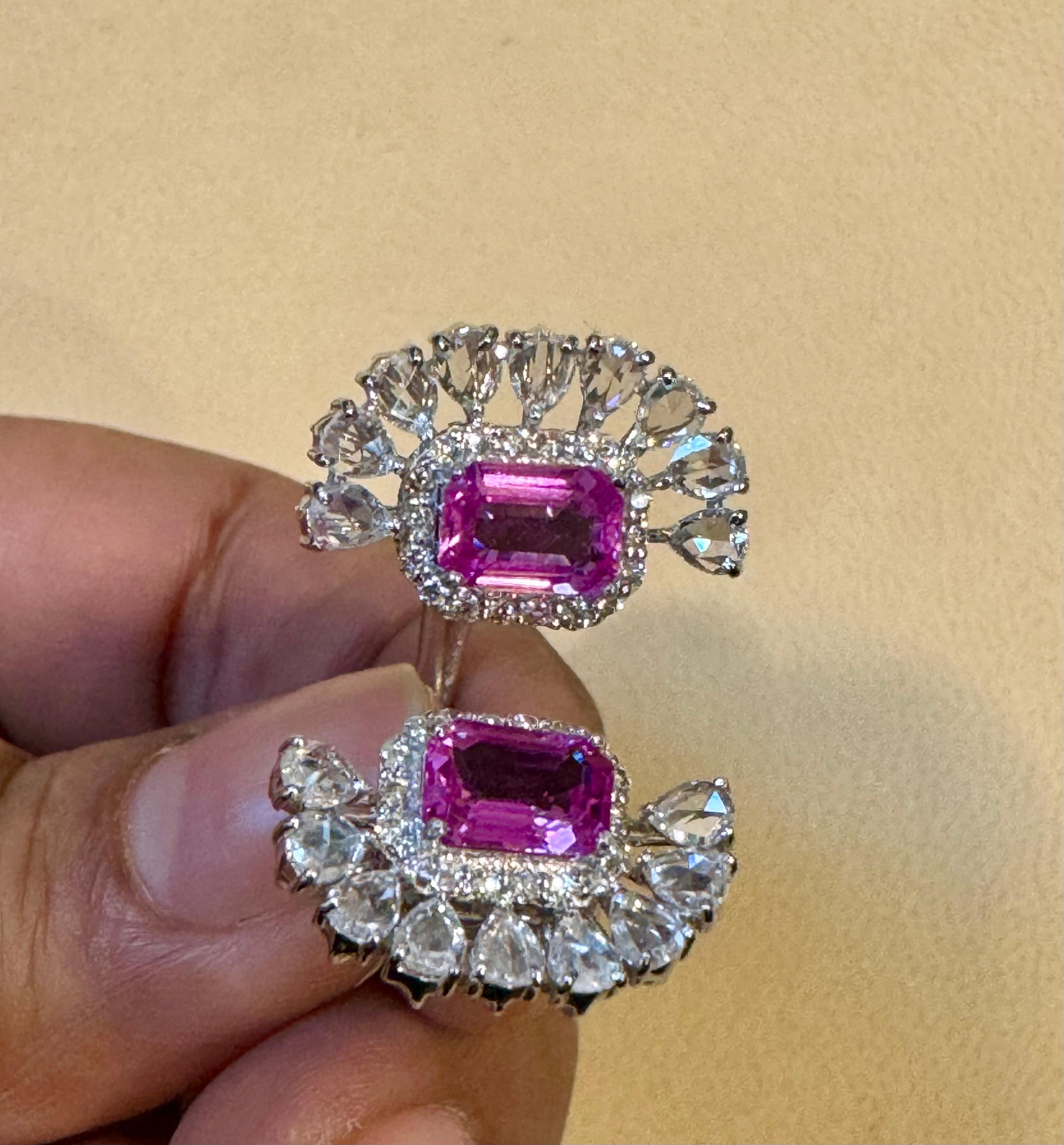 2.5 Ct Pink Emerald Cut Pink  Sapphire & 2.8 Ct Diamond 18 Kt White Gold Ring S6 In Excellent Condition For Sale In New York, NY