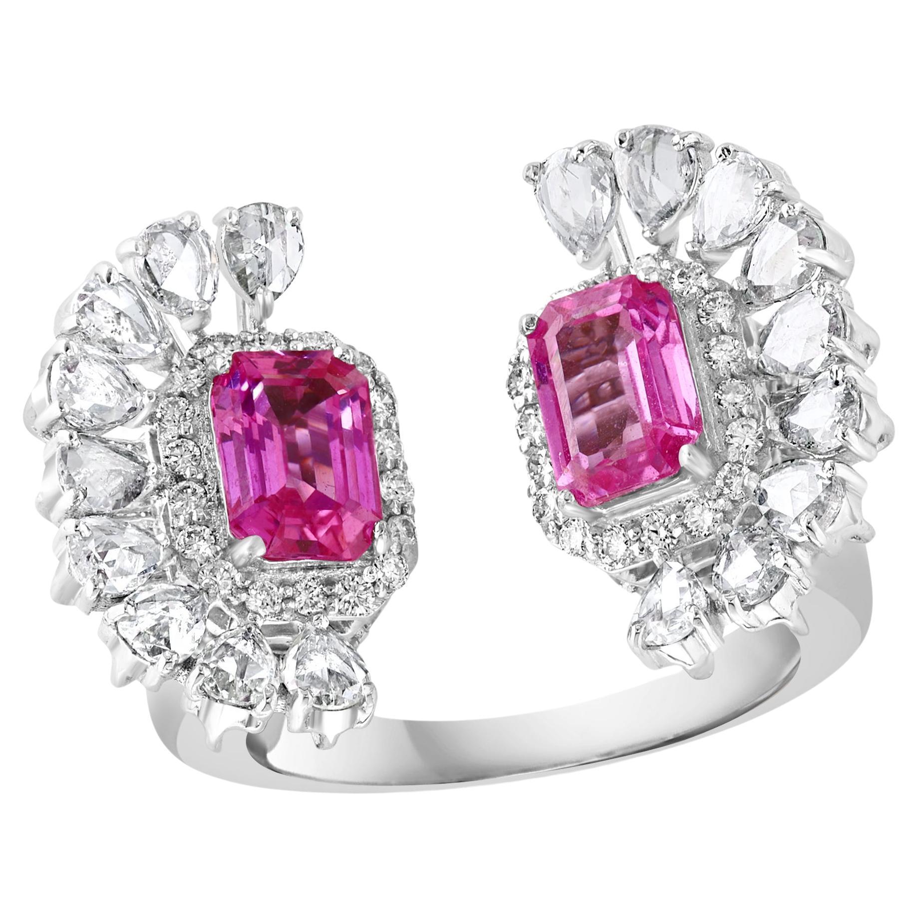 2.5 Ct Pink Emerald Cut Pink  Sapphire & 2.8 Ct Diamond 18 Kt White Gold Ring S6