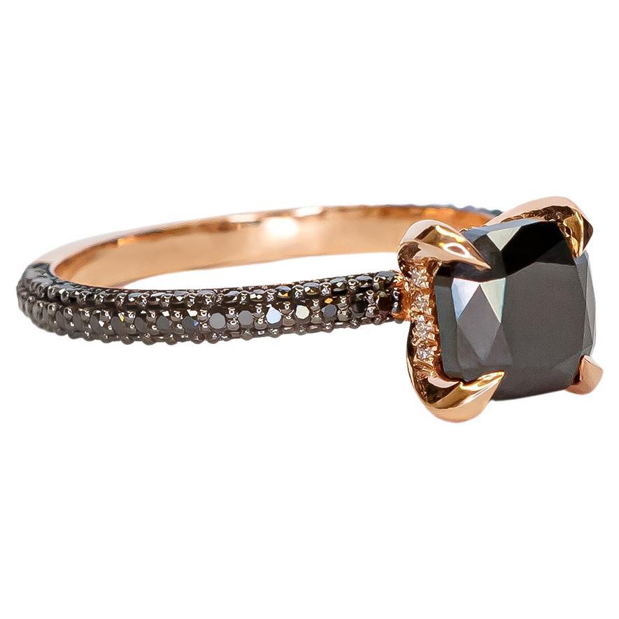 2.5cts Ooak Cushion Cut Natural Black&White Diamond Statement Ring in Rose Gold For Sale