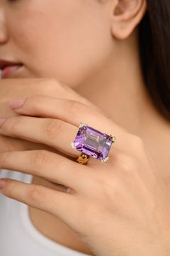 25 CTW Octagon Amethyst Cocktail Ring with Diamonds Prongs in 14k Yellow Gold