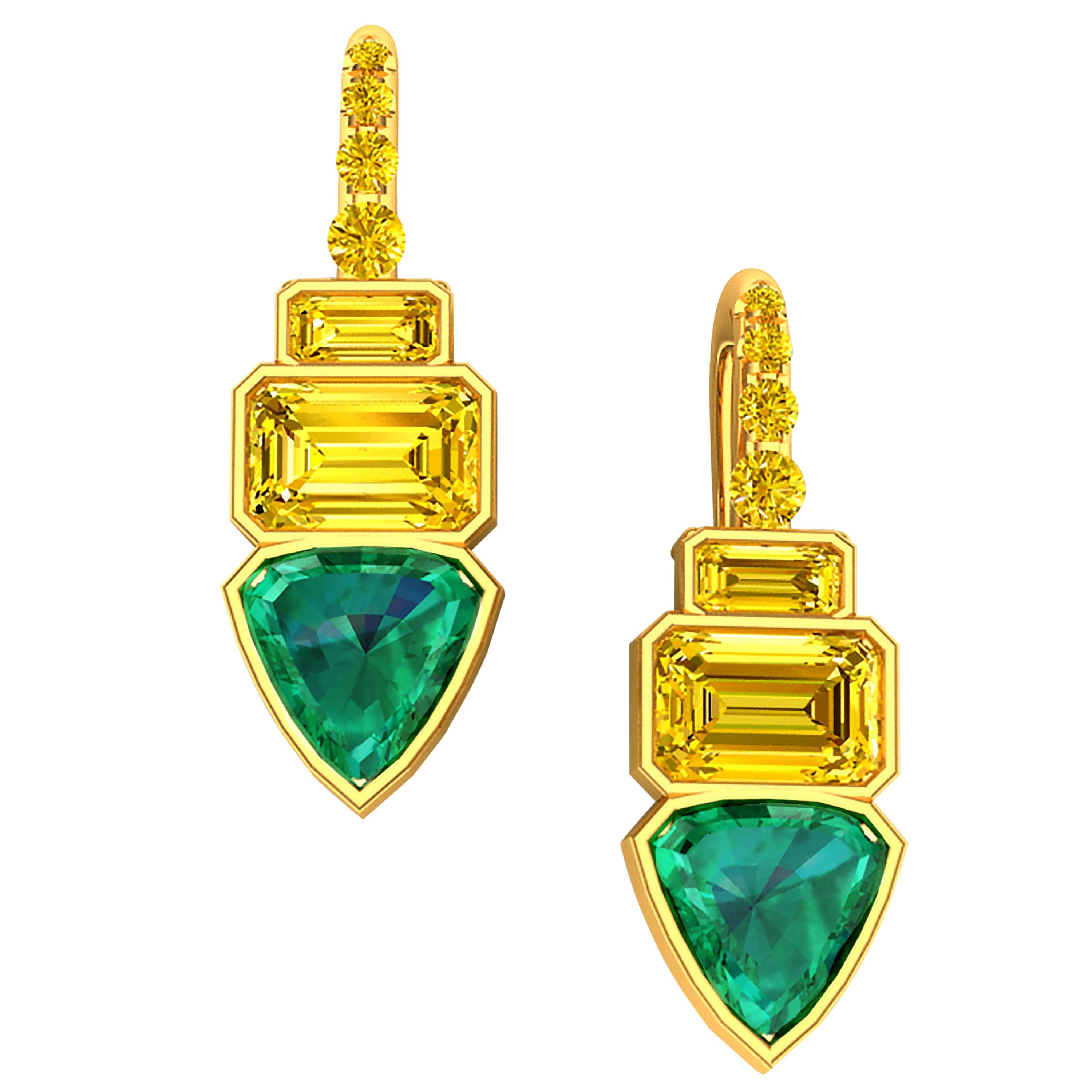 2.5 GIA Certified Fancy Vivid Yellow Diamonds and Emerald Drop Earrings For Sale