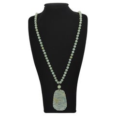 25"  Icy Jadeite Beaded Necklace with Carved Dragon Pendant A-Grade
