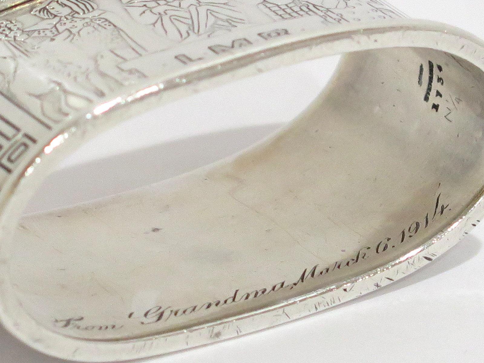 Sterling Silver Kerr & Co. Antique Fairy Tale Characters Baby Napkin Ring In Good Condition In Brooklyn, NY