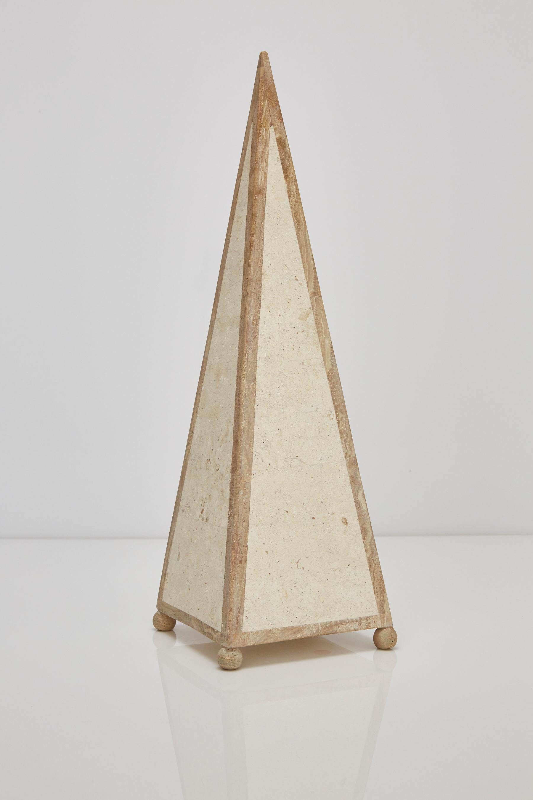 Post-Modern 25 in. Tall Decorative Tessellated Stone Pyramid Obelisk, 1990s For Sale