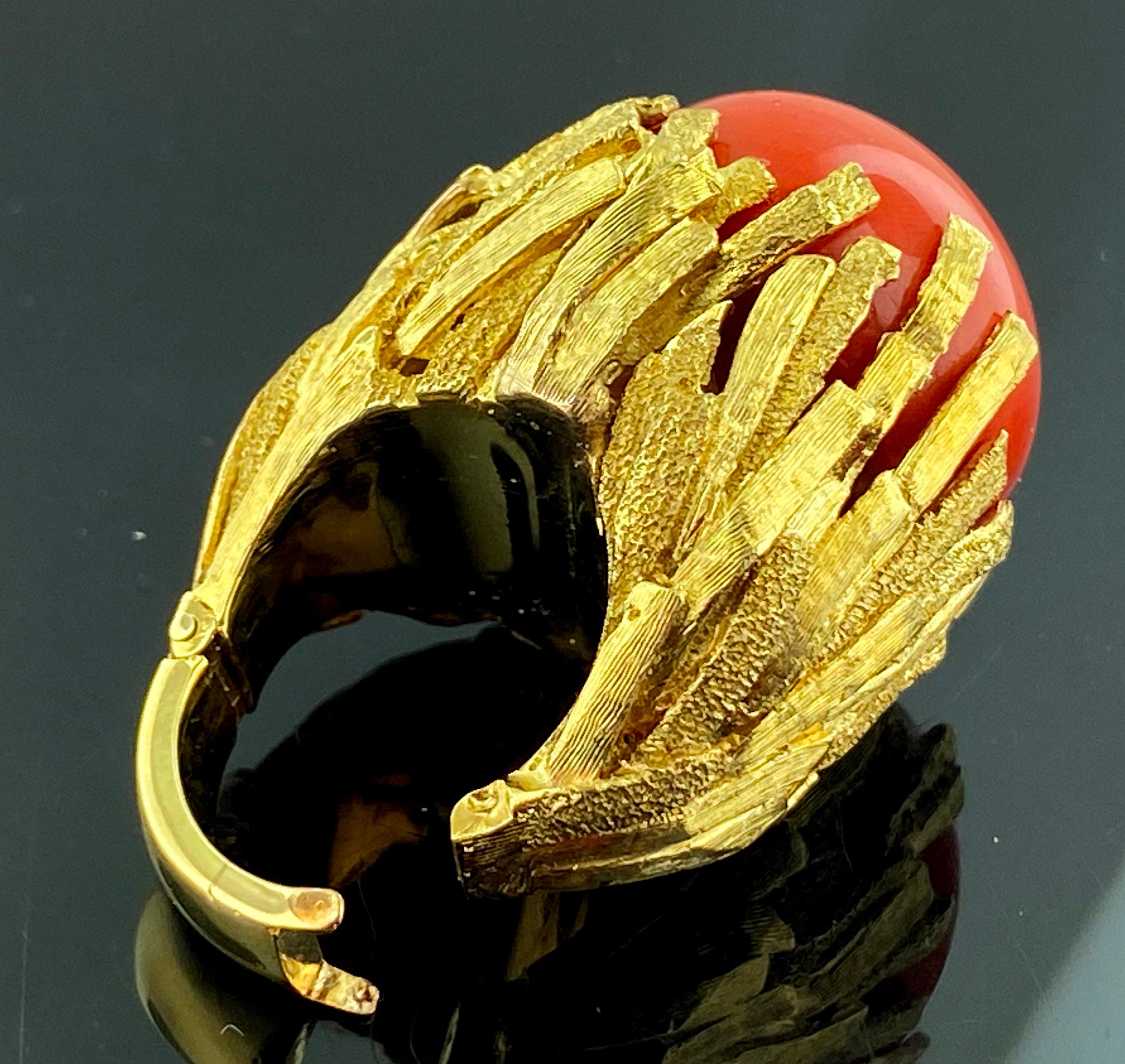 Women's or Men's 25 MM Cabochon Red Oxblood Coral & Yellow Gold Ring For Sale