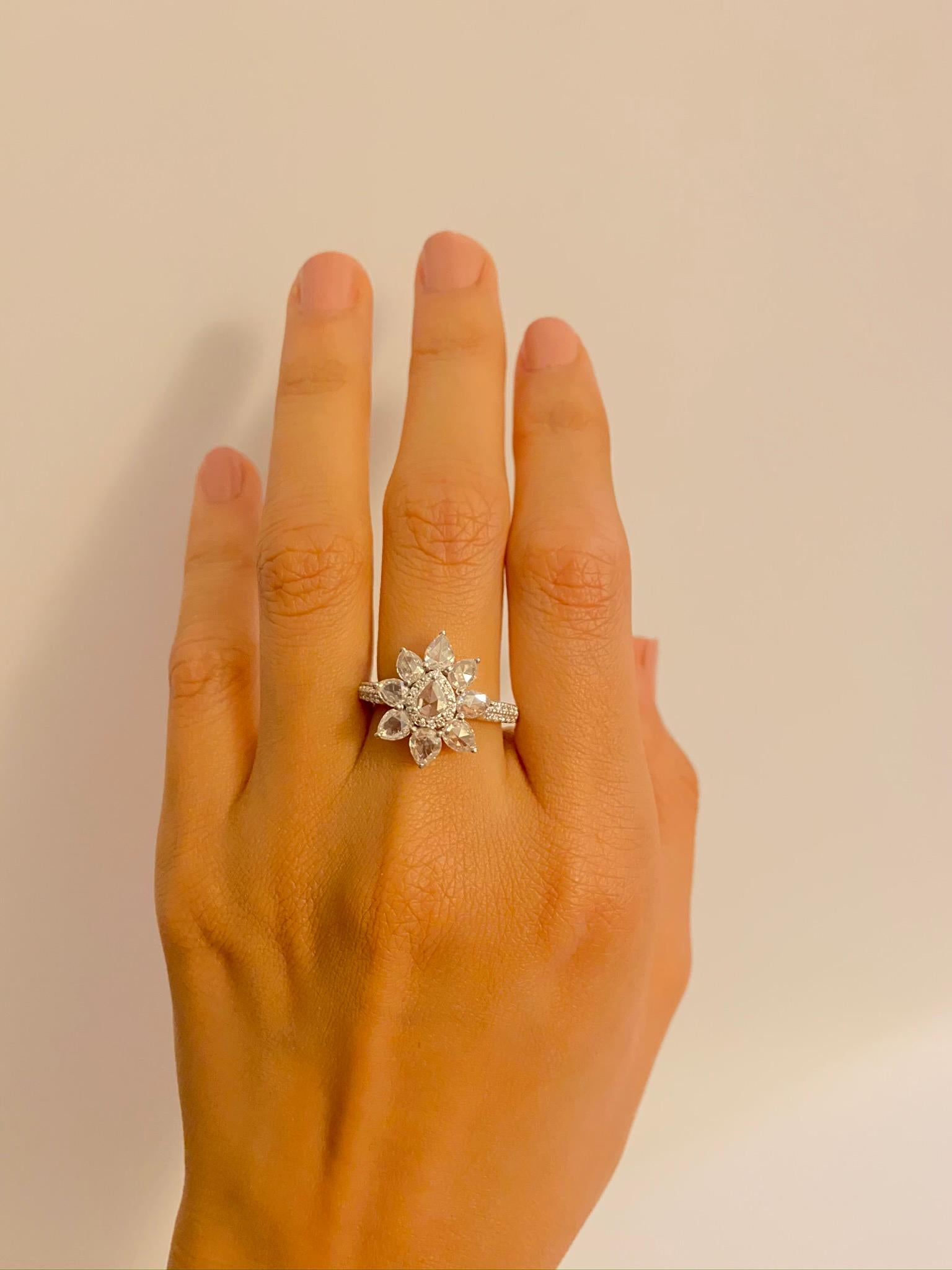 2.5 Pear Shaped Rose Cut Diamond Ring with Round Brilliant Diamonds, 18 KT by JR In New Condition In New York, NY