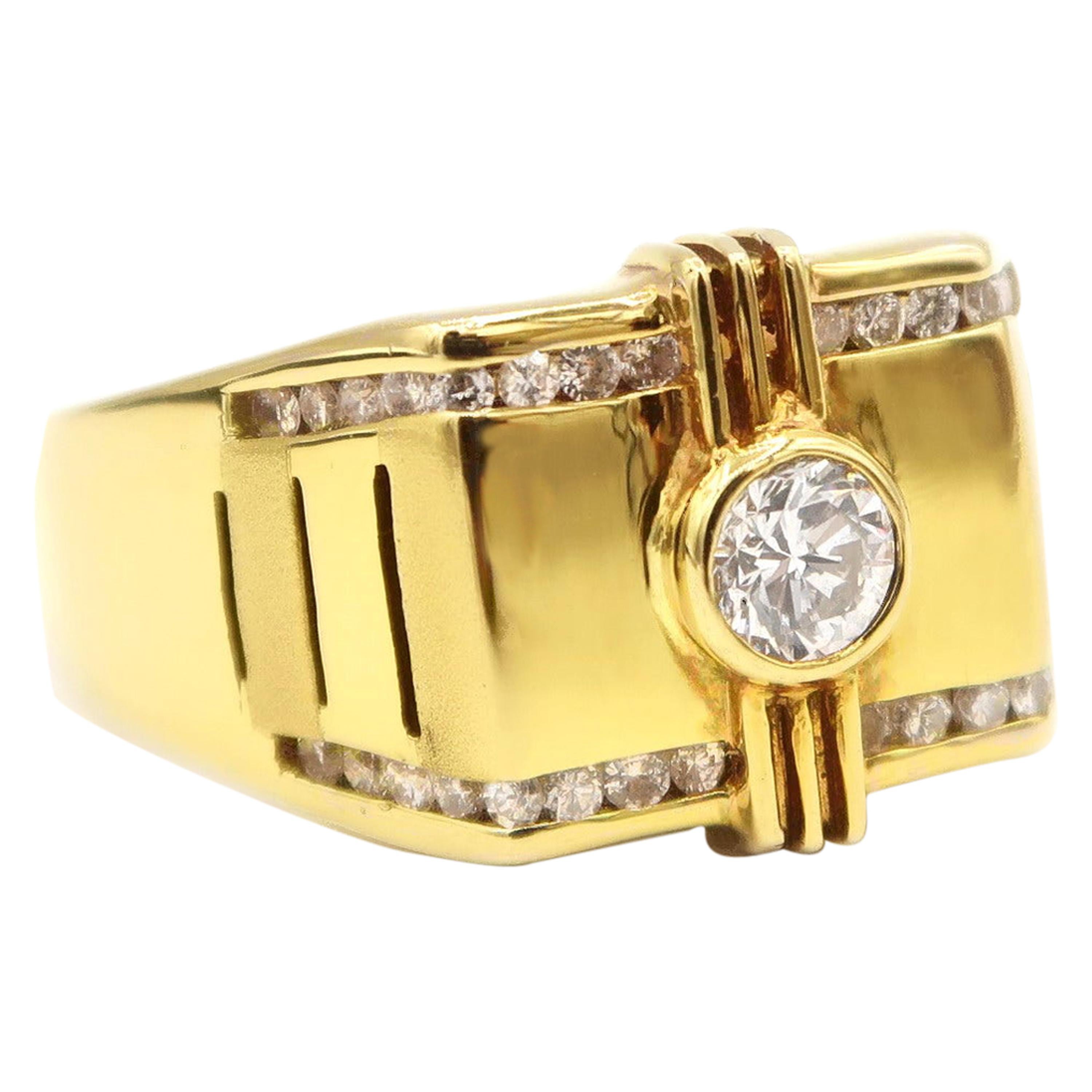25 Pointers Single Diamond Channel Setting 18 Karat Yellow Gold Men's Ring For Sale