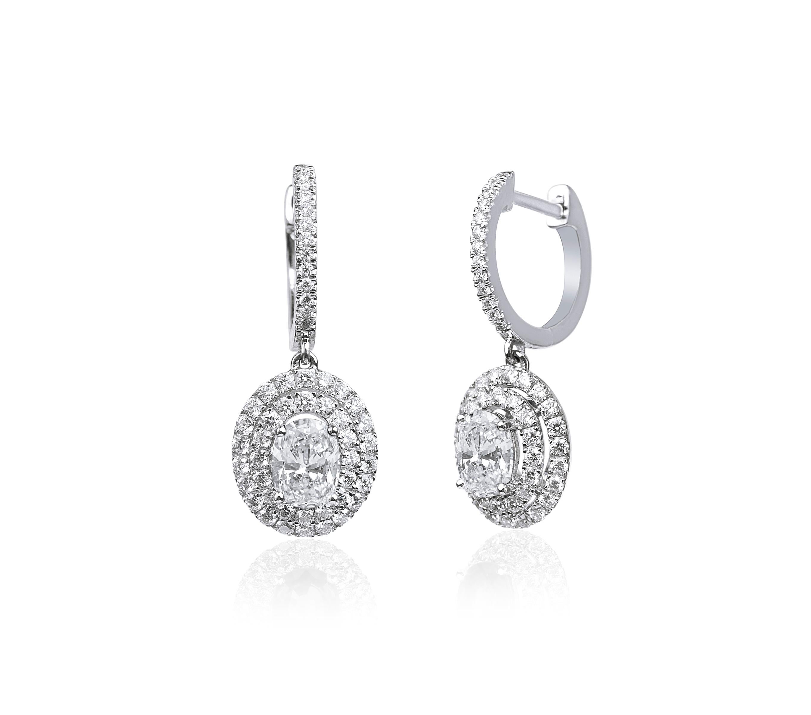 GIA Report Certified 2.5 TCW Diamond Oval Cut 18 karat gold Dangle Halo Earrings In New Condition For Sale In Jaipur, RJ