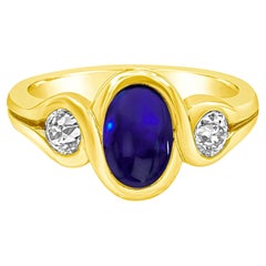 Vintage 2.50 Cabochon Blue Sapphire and Diamond Three Stone Fashion Ring