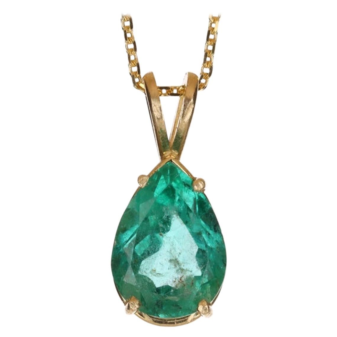 2.50-Carat 14K Emerald Pear Cut Solitaire Gold Pendant Prong Set For Sale