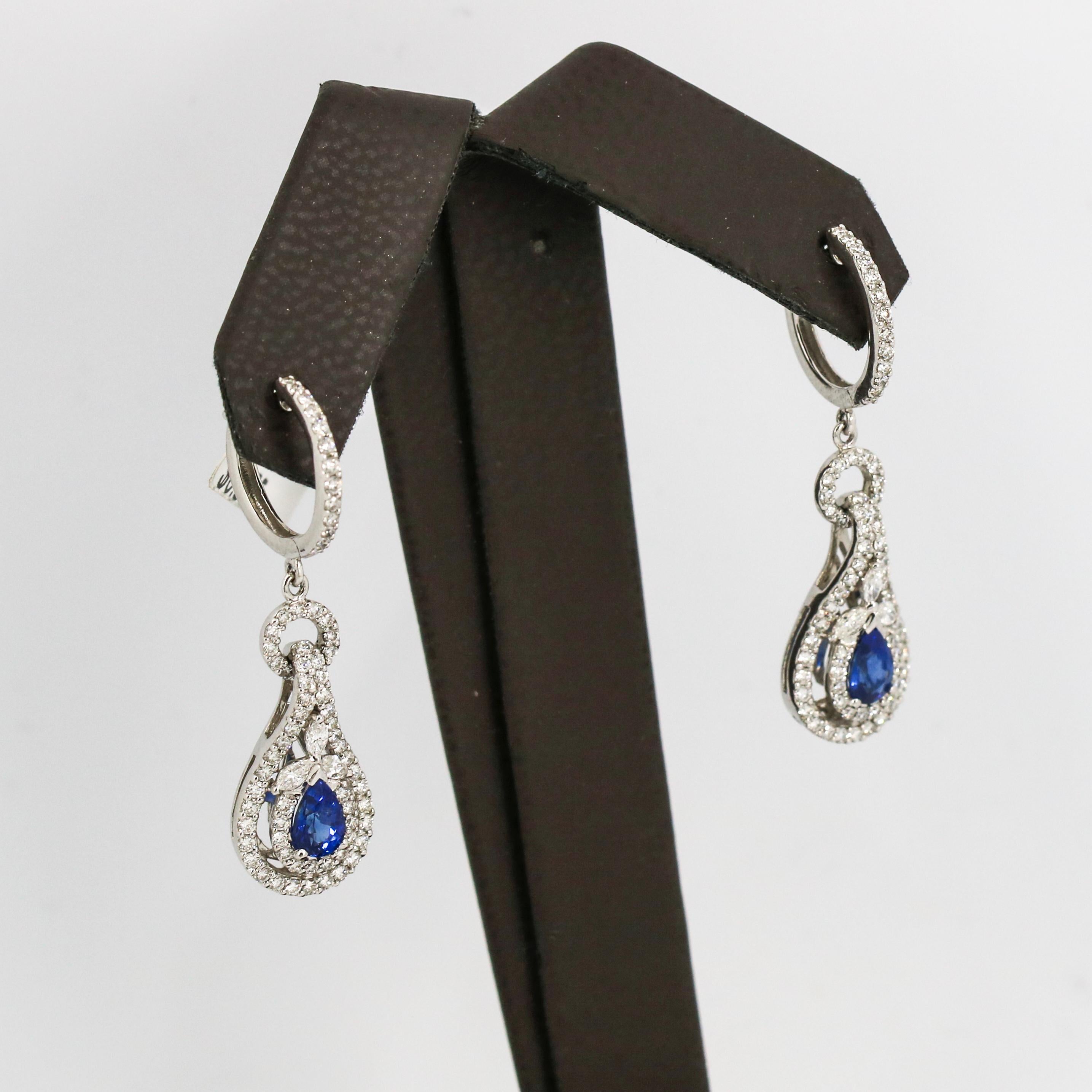 Modern 2.50 Carat 18 Karat White Gold Diamond Sapphire Dangle Drop Earrings For Sale