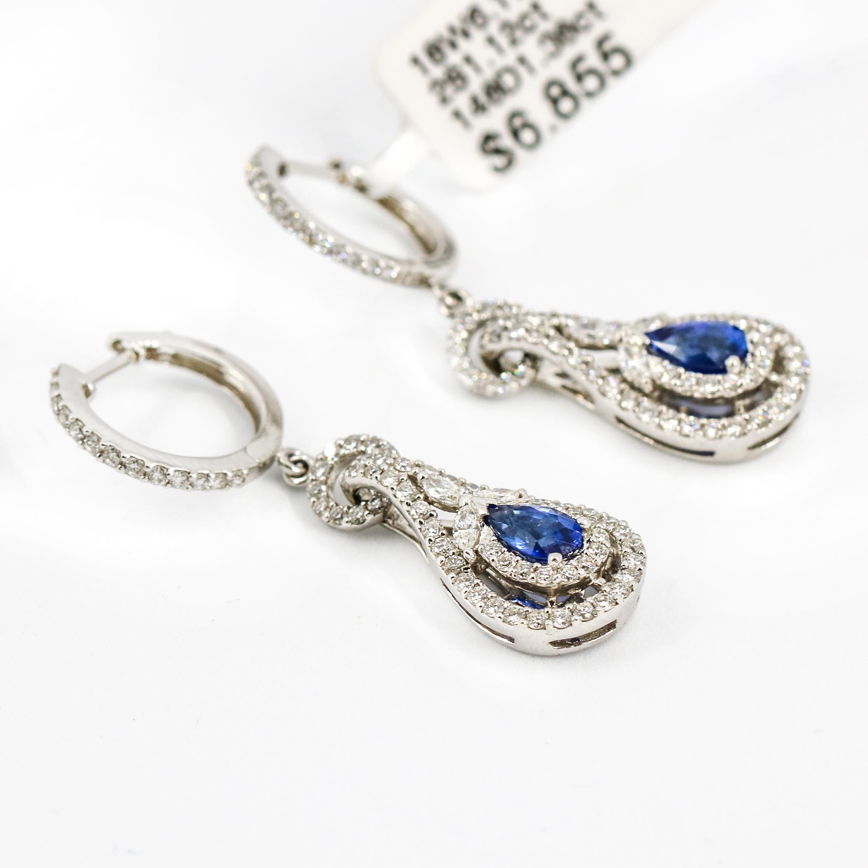 2.50 Carat 18 Karat White Gold Diamond Sapphire Dangle Drop Earrings In New Condition For Sale In Fort Lauderdale, FL