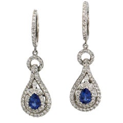 2.50 Carat 18 Karat White Gold Diamond Sapphire Dangle Drop Earrings