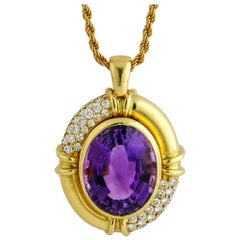 2.50 Carat 18 Karat Yellow Gold Large Oval Amethyst Diamond Pendant Necklace