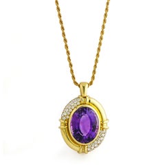 2.50 Carat 18 Karat Yellow Gold Large Oval Amethyst Diamond Pendant Necklace
