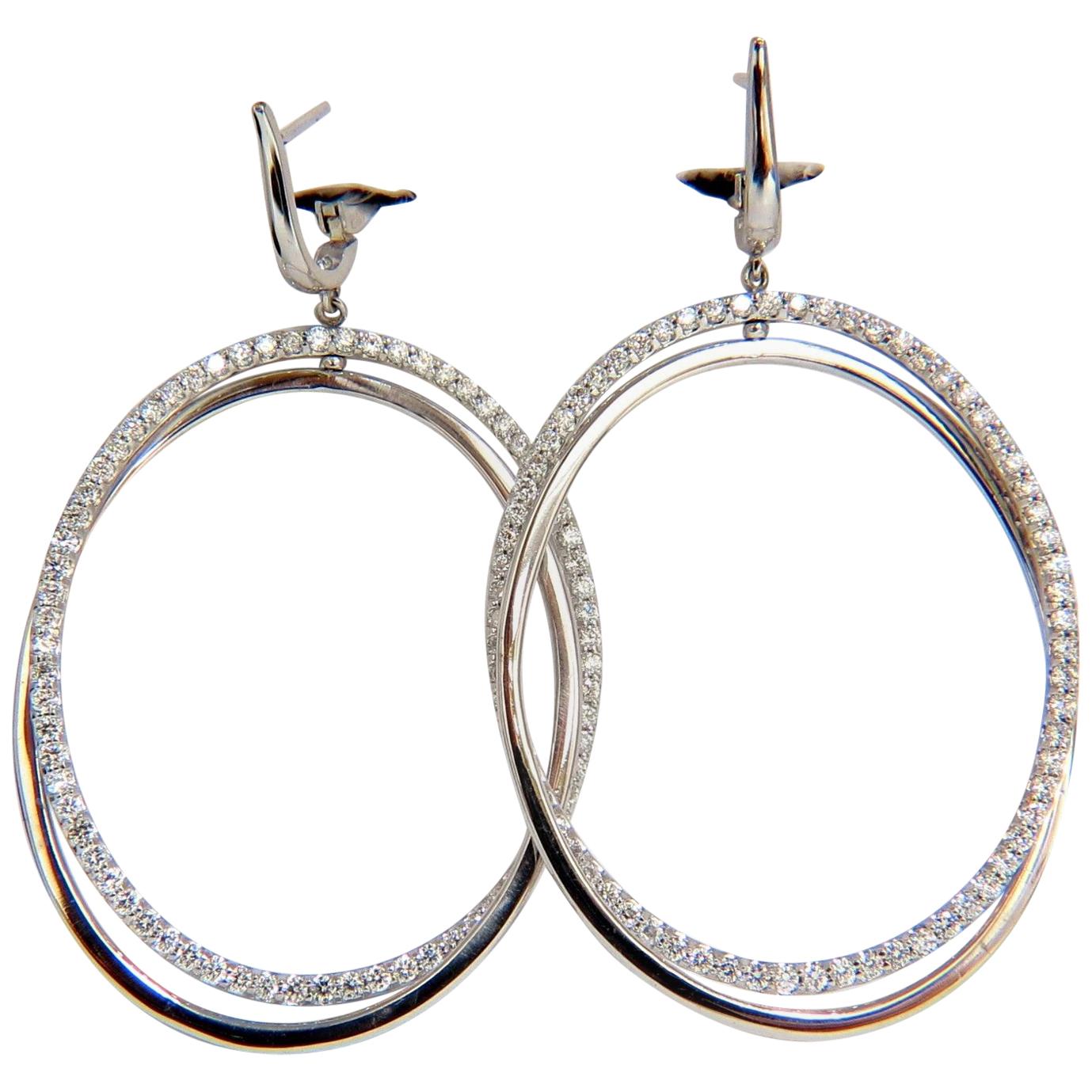 2.50 Carat 3D Rotating Oval Circles Diamond Dangle Earrings 14 Karat Lever Back