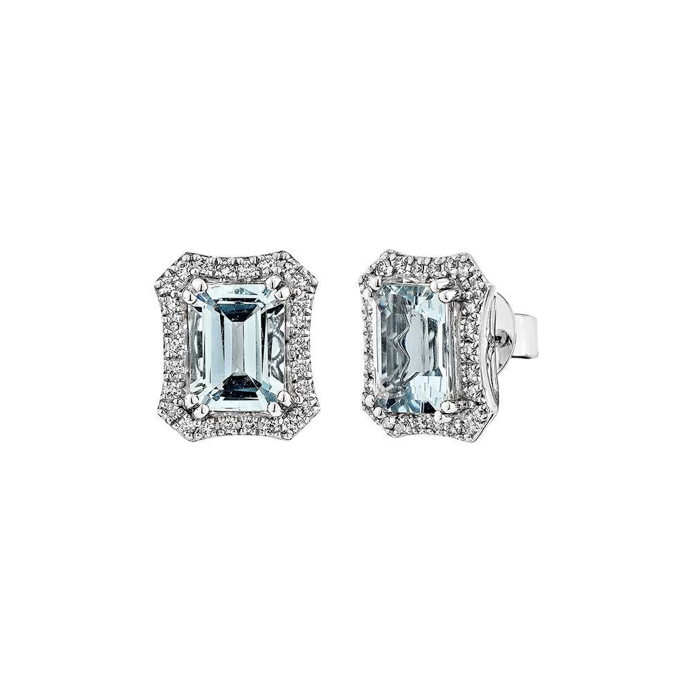 Octagon Cut 2.50 Carat Aquamarine Stud Earring in 18Karat White Gold with Diamond. For Sale