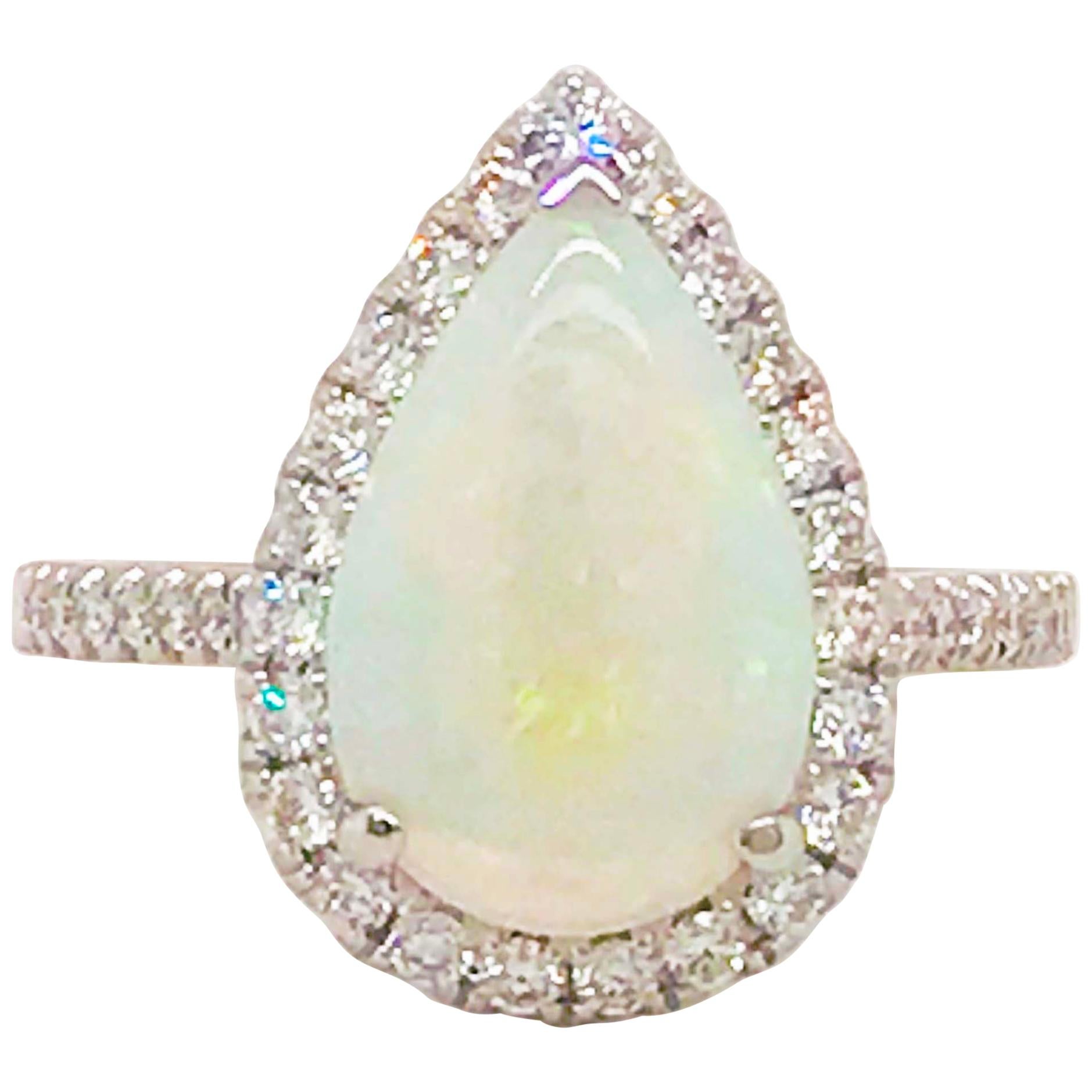 2.50 Carat Australian Opal and Diamond Halo Engagement Ring 14 Karat White Gold