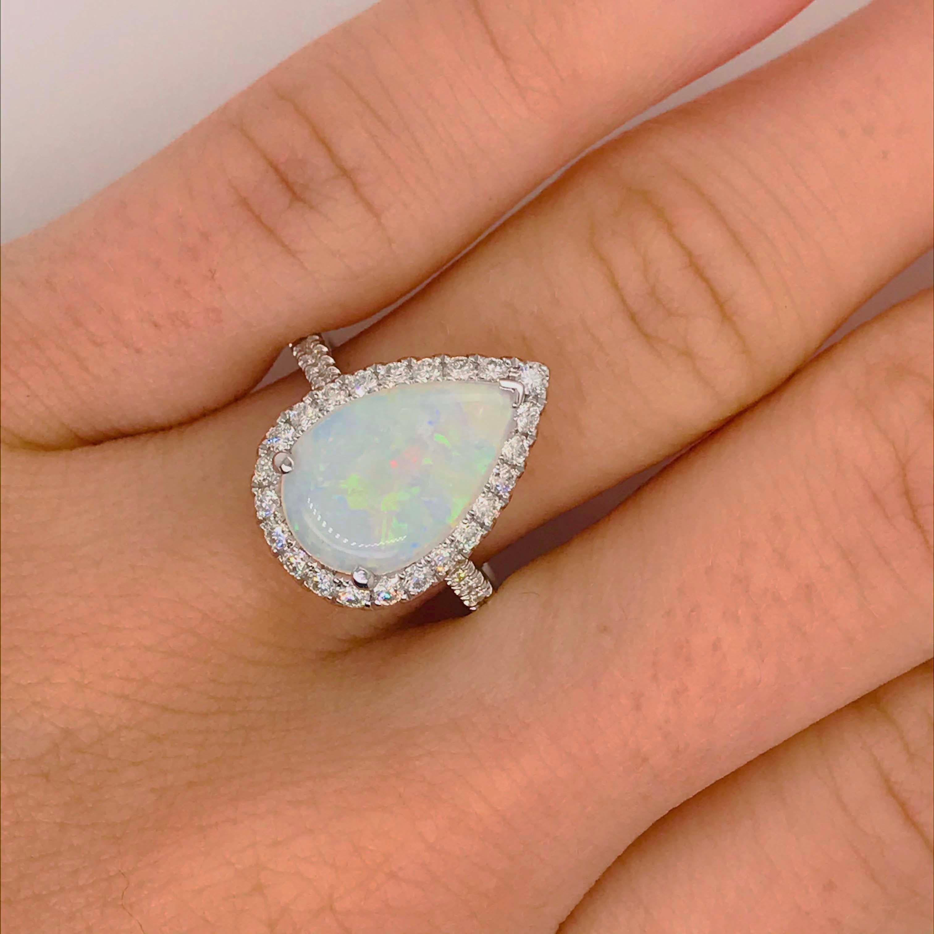 Pear Cut 2.50 Carat Australian Opal and Diamond Halo Engagement Ring 14 Karat White Gold