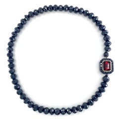 250 Carat Black Diamond Bead Choker Necklace with Garnet Clasp in 18 Karat Gold
