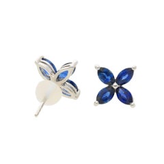 2.50 Carat Blue Sapphire Marquise Flower 18K White Gold Stud Earrings