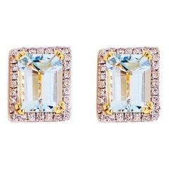 2.50 Carat Blue Topaz and Diamond Halo Earring Studs 14 Karat Gold Emerald Topaz