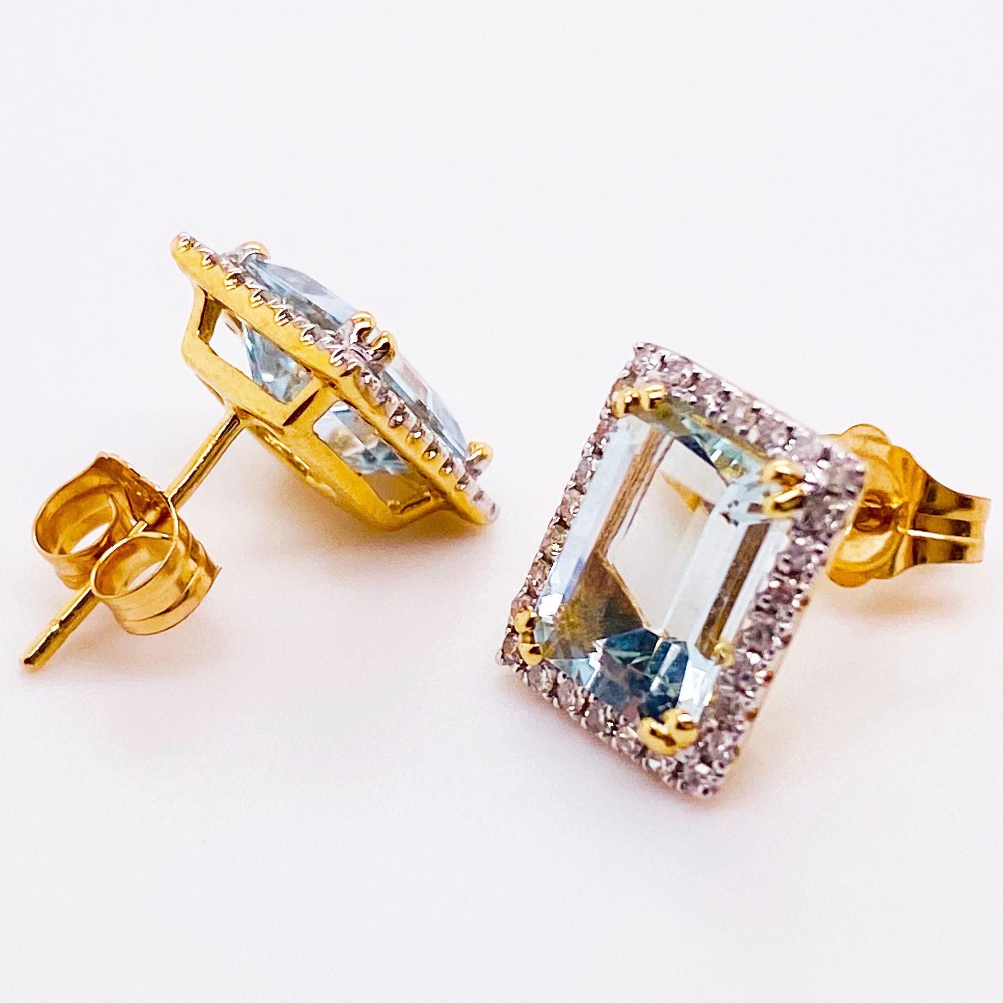 Emerald Cut 2.50 Carat Blue Topaz and Diamond Halo Earring Studs 14 Karat Gold Emerald Topaz For Sale