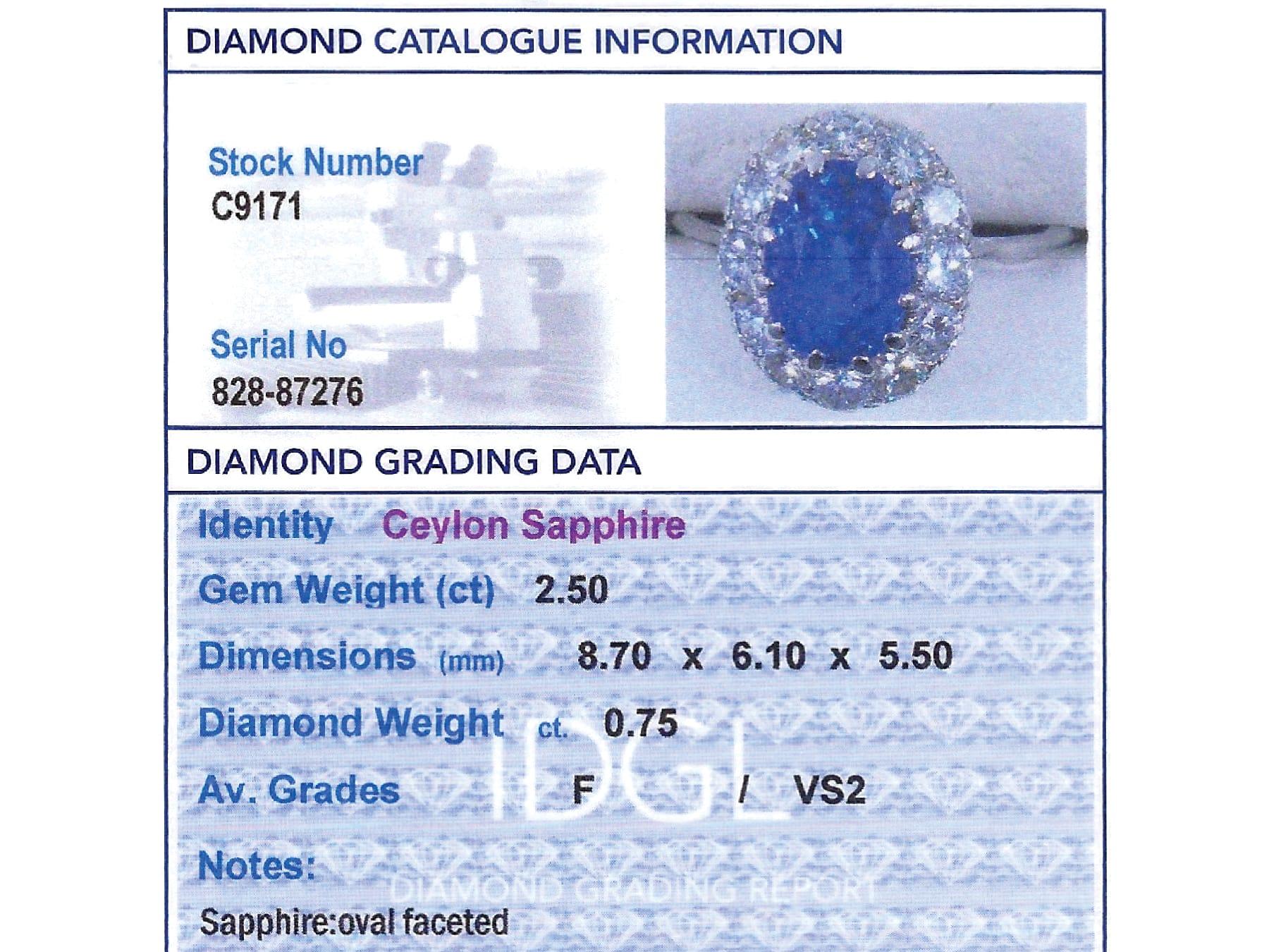 2.50 Carat Ceylon Sapphire and 0.75 Carat Diamond Platinum Dress Ring Circa 1970 For Sale 5