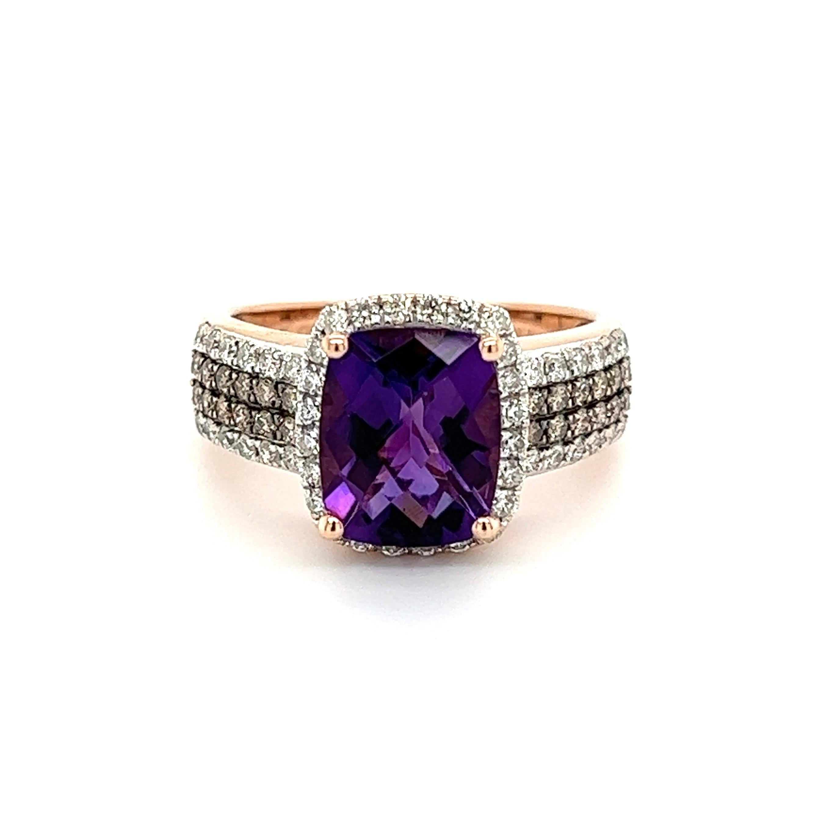 Modern 2.50 Carat Checkerboard Amethyst and Diamond Vintage Gold Ring For Sale