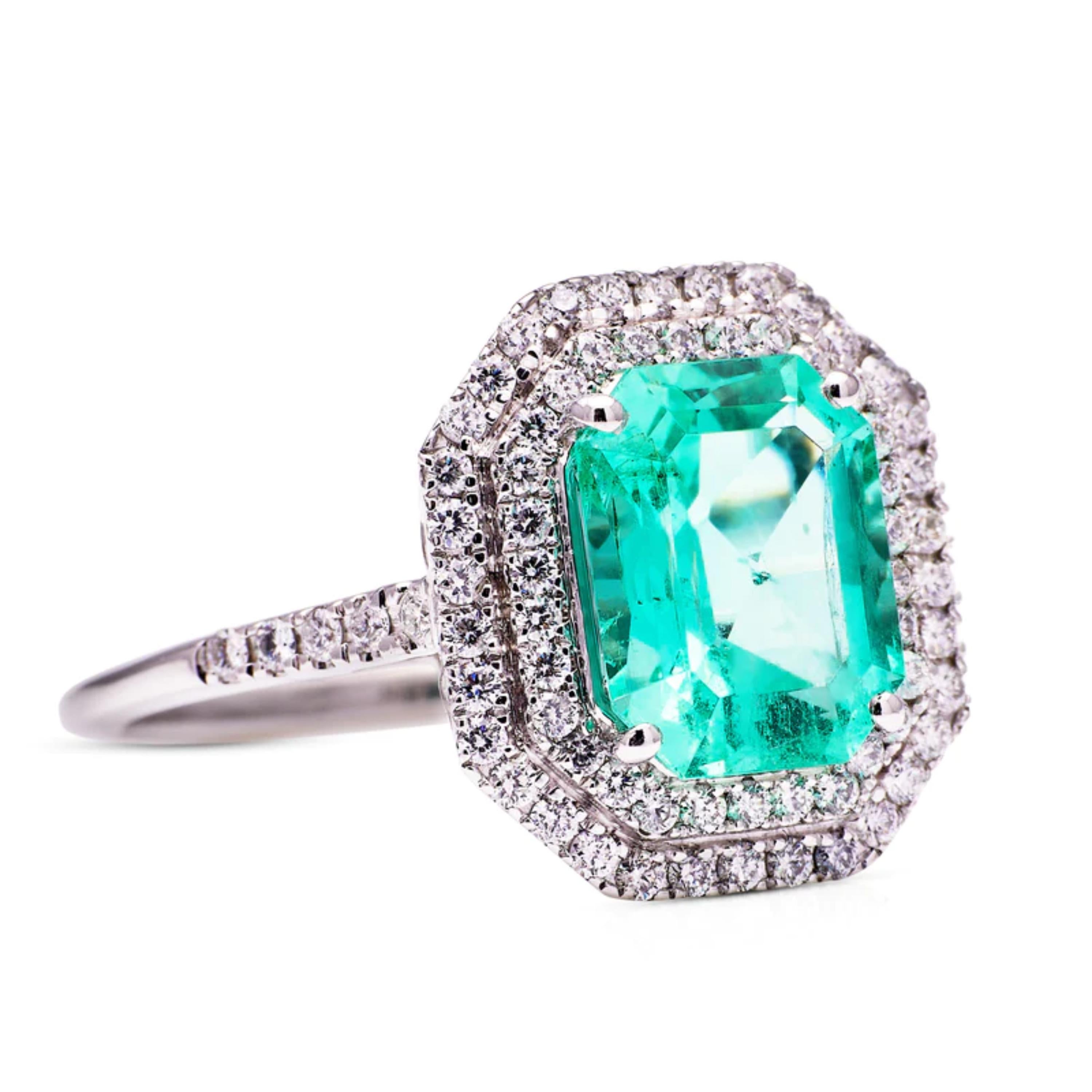 Emerald Cut 2.50 Carat Colombian Emerald Diamond Engagement Ring Halo Emerald Cocktail Ring For Sale